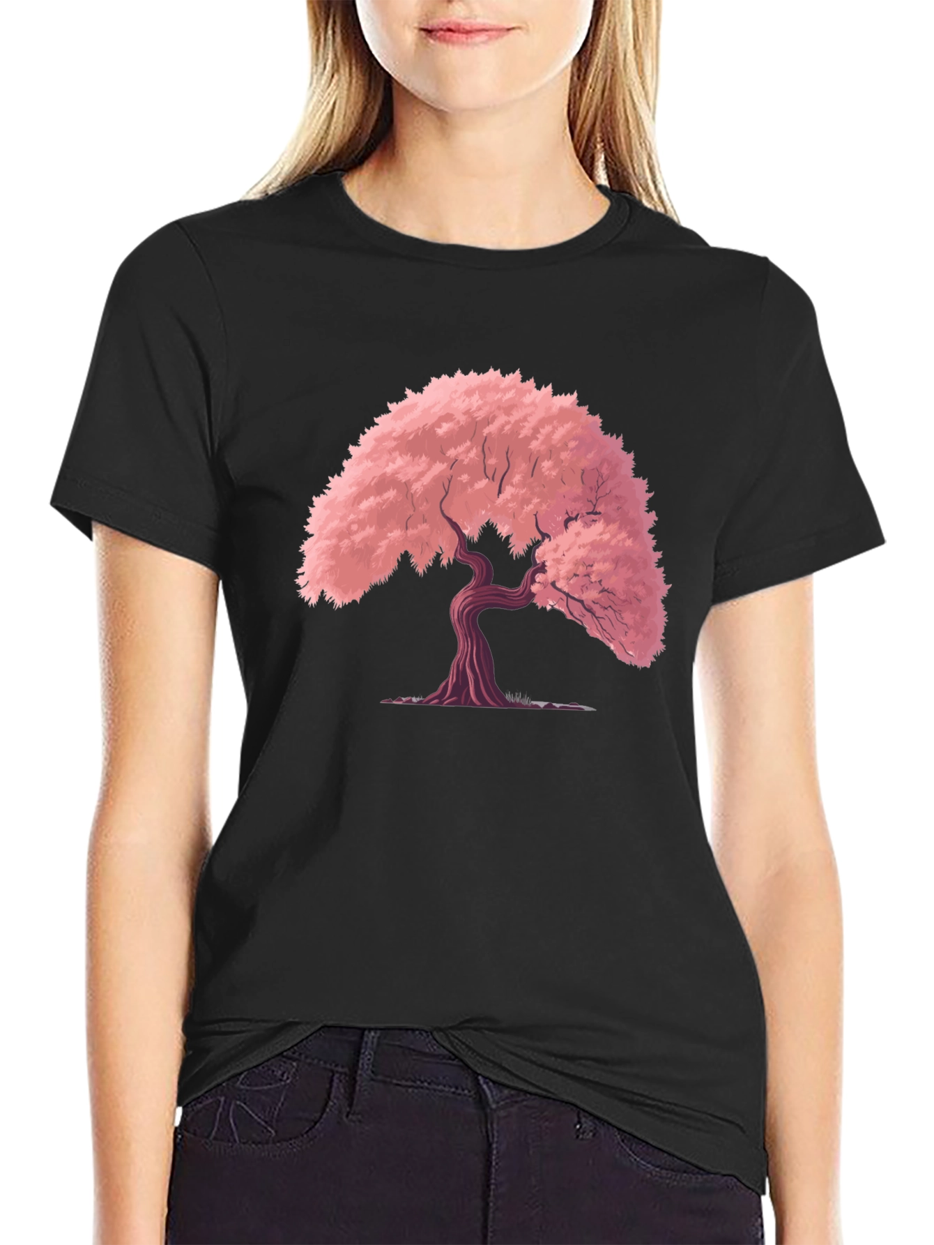 Cherry Blossom Tree Graphic Tee - Black Cotton T-Shirt