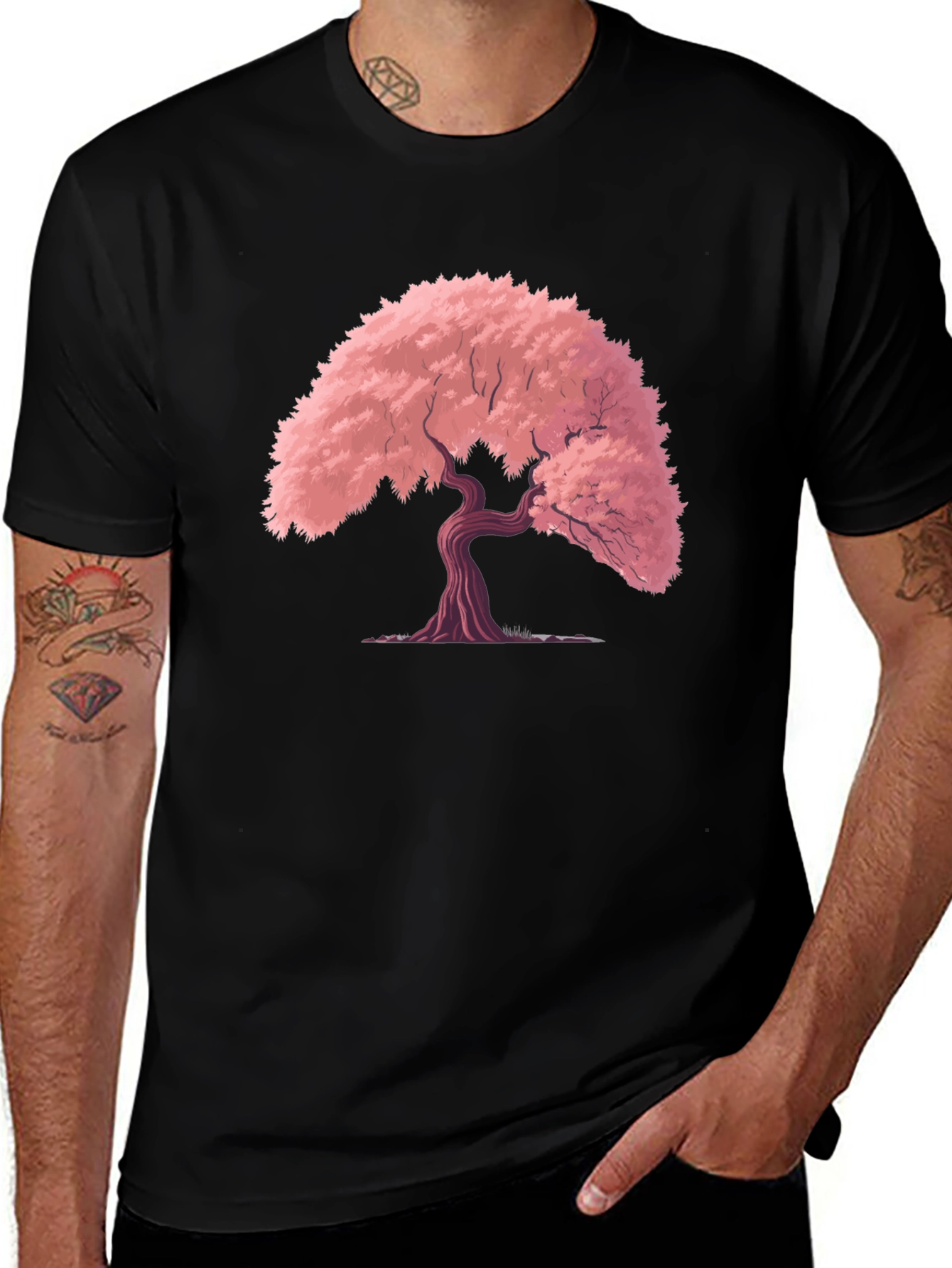 Cherry Blossom Tree Graphic Tee - Black Cotton T-Shirt