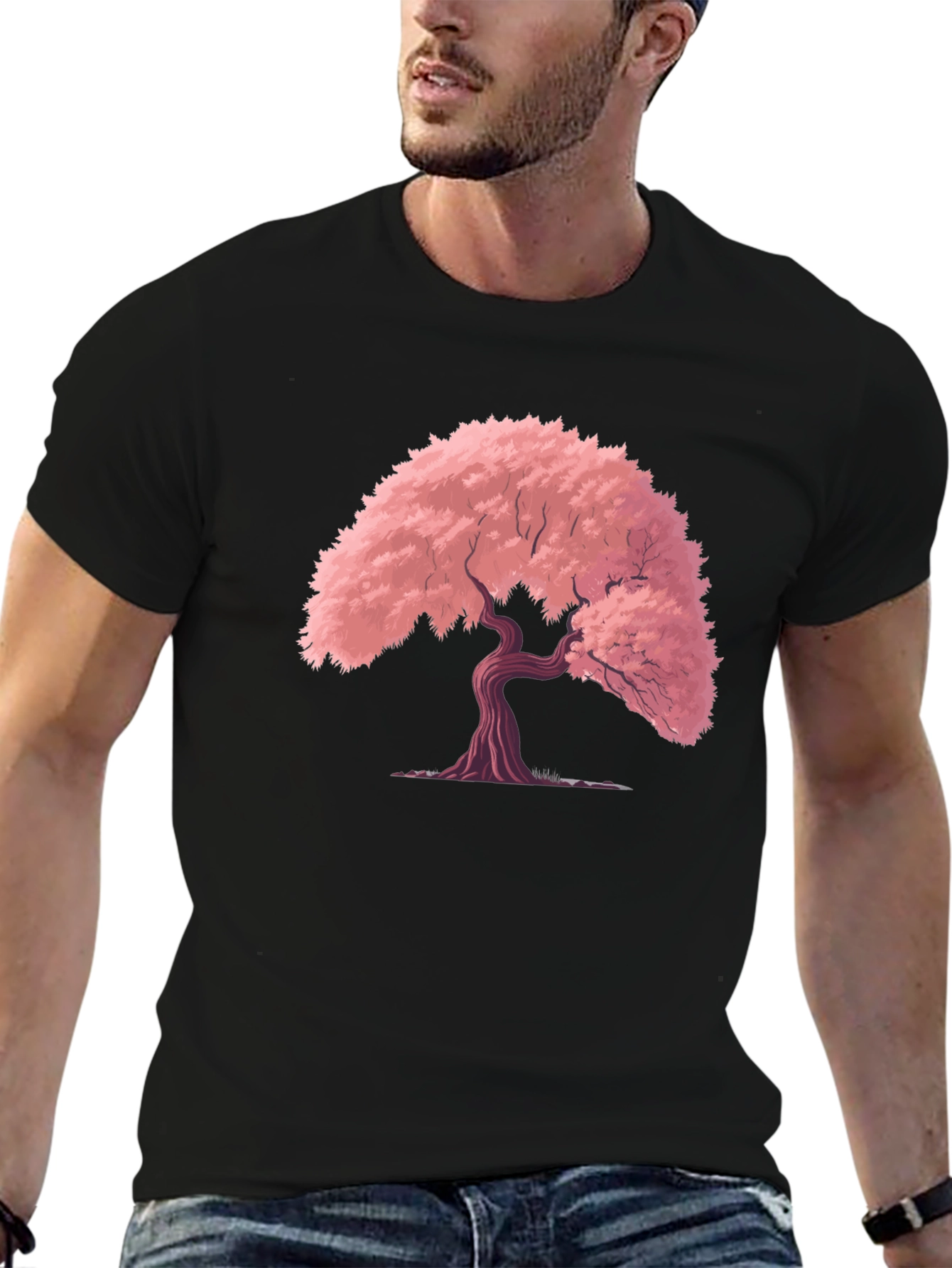 Cherry Blossom Tree Graphic Tee - Black Cotton T-Shirt