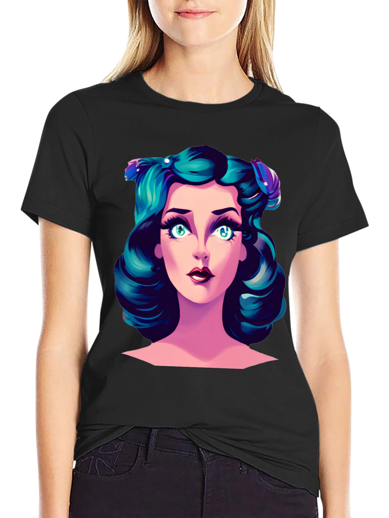 Cartoon Girl Graphic Tee - Black T-Shirt