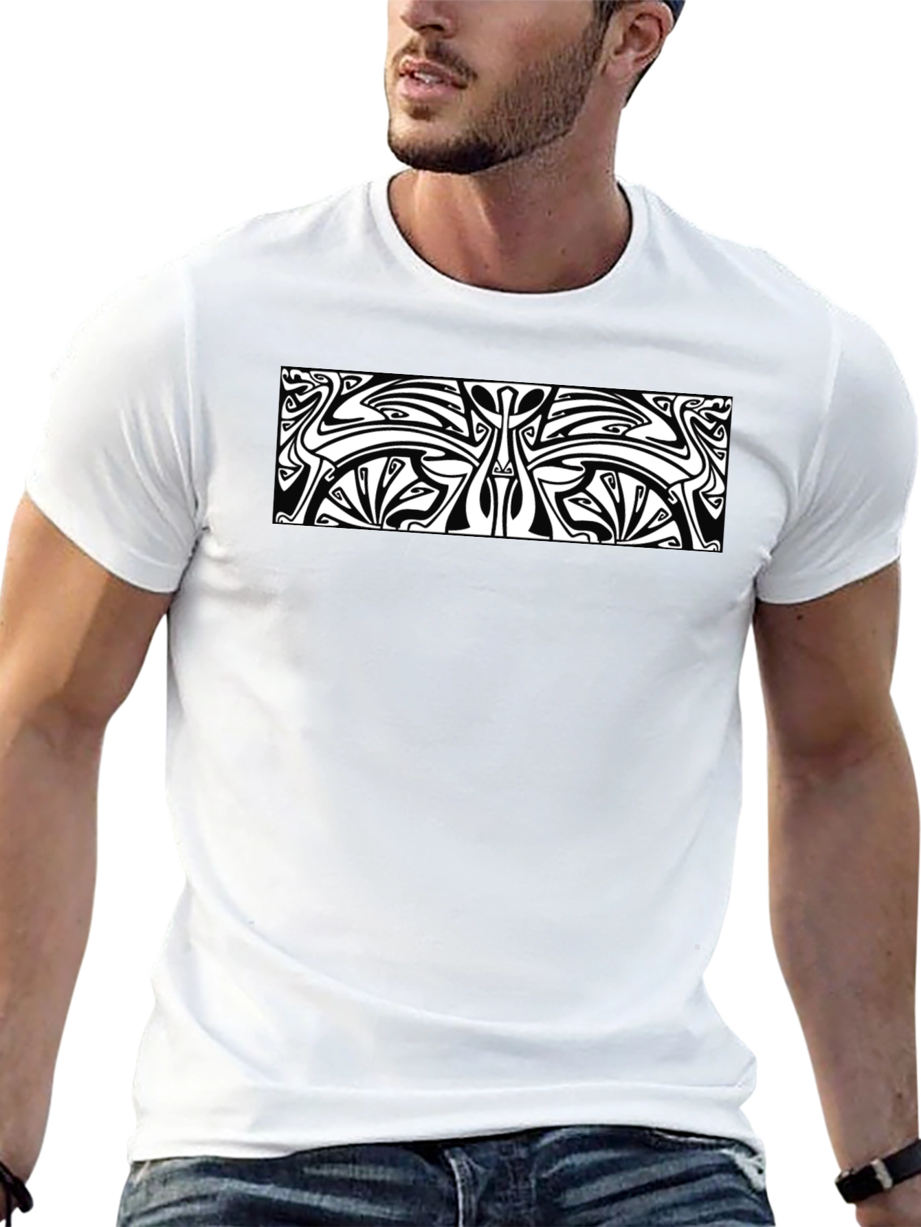 Unique Black T-Shirt with White Abstract Design