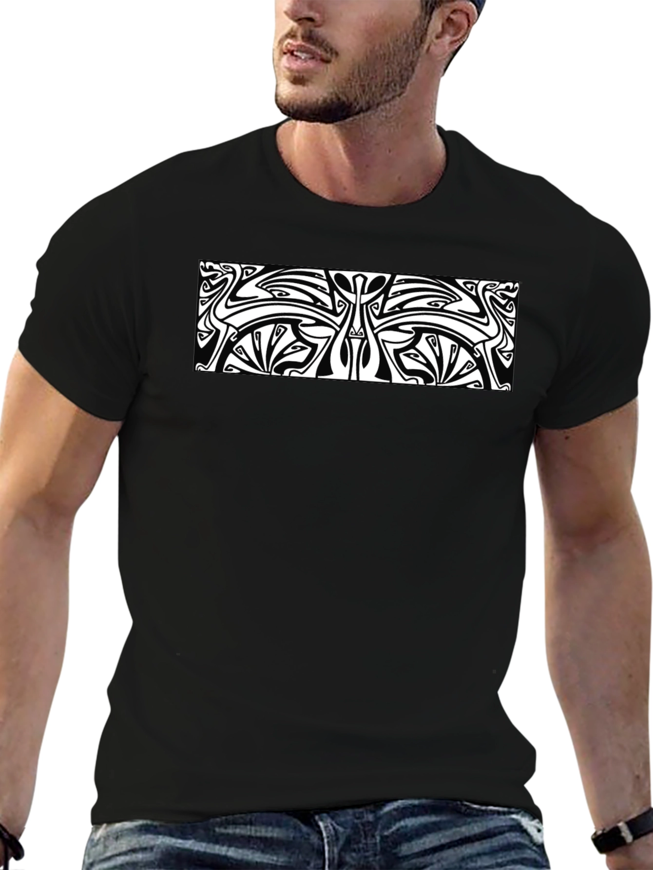 Unique Black T-Shirt with White Abstract Design