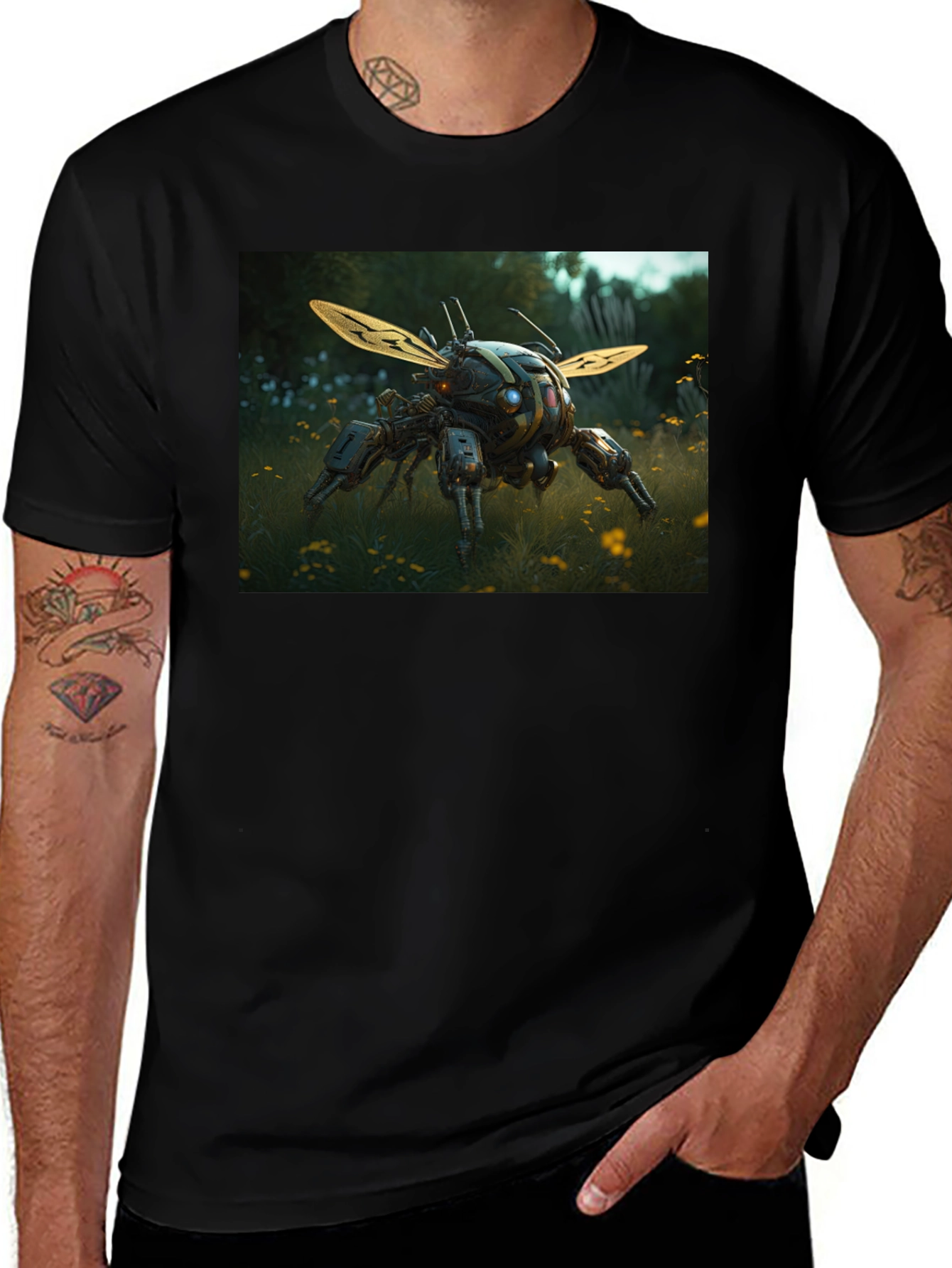 Robotic Insect Graphic Tee - Black Cotton Blend