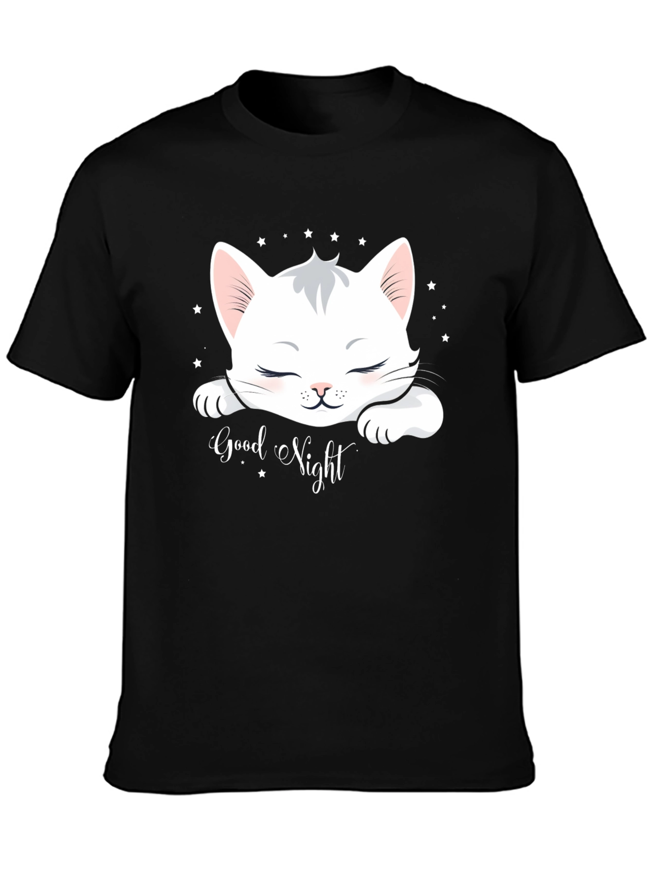 Cute Cat Good Night Black T-Shirt