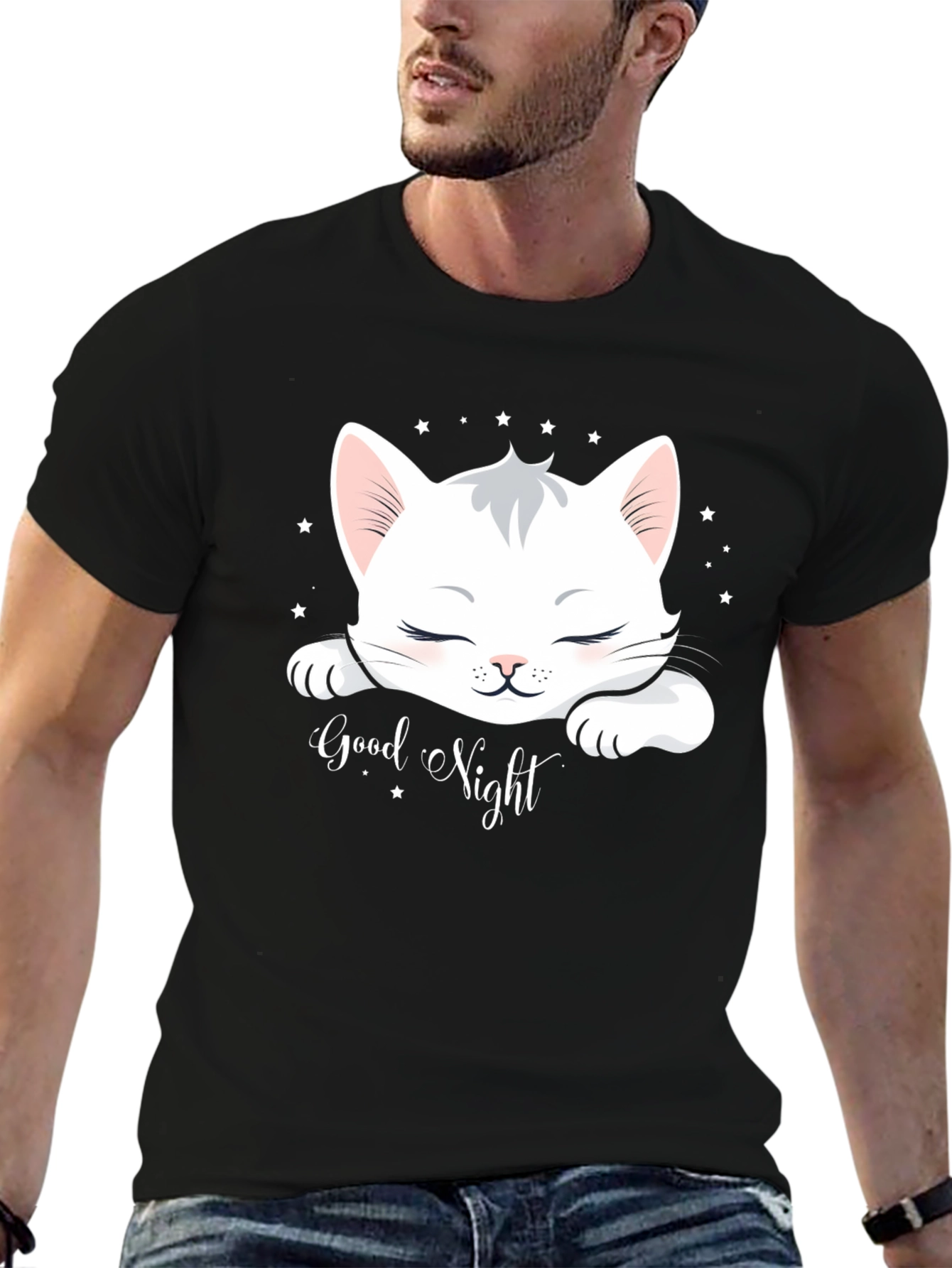 Cute Cat Good Night Black T-Shirt