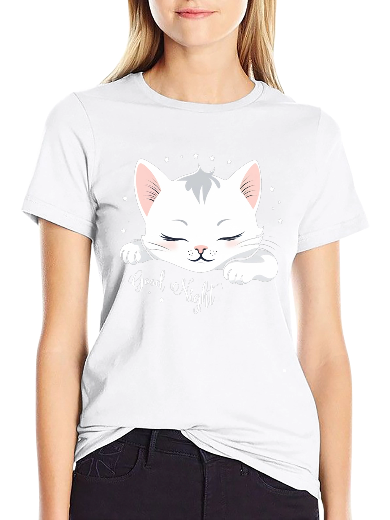 Cute Cat Good Night Black T-Shirt