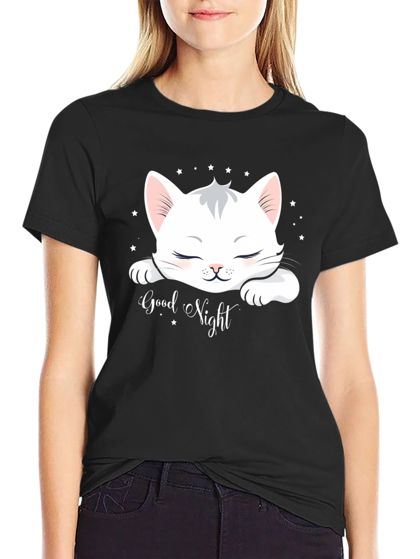 Cute Cat Good Night Black T-Shirt