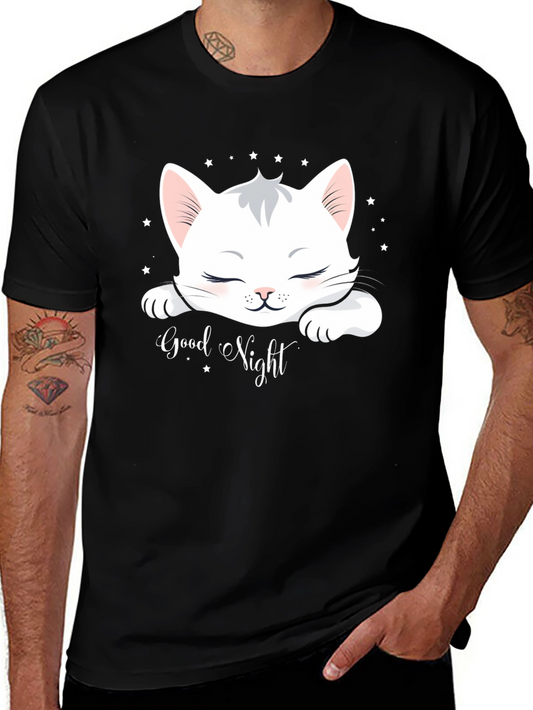 Cute Cat Good Night Black T-Shirt