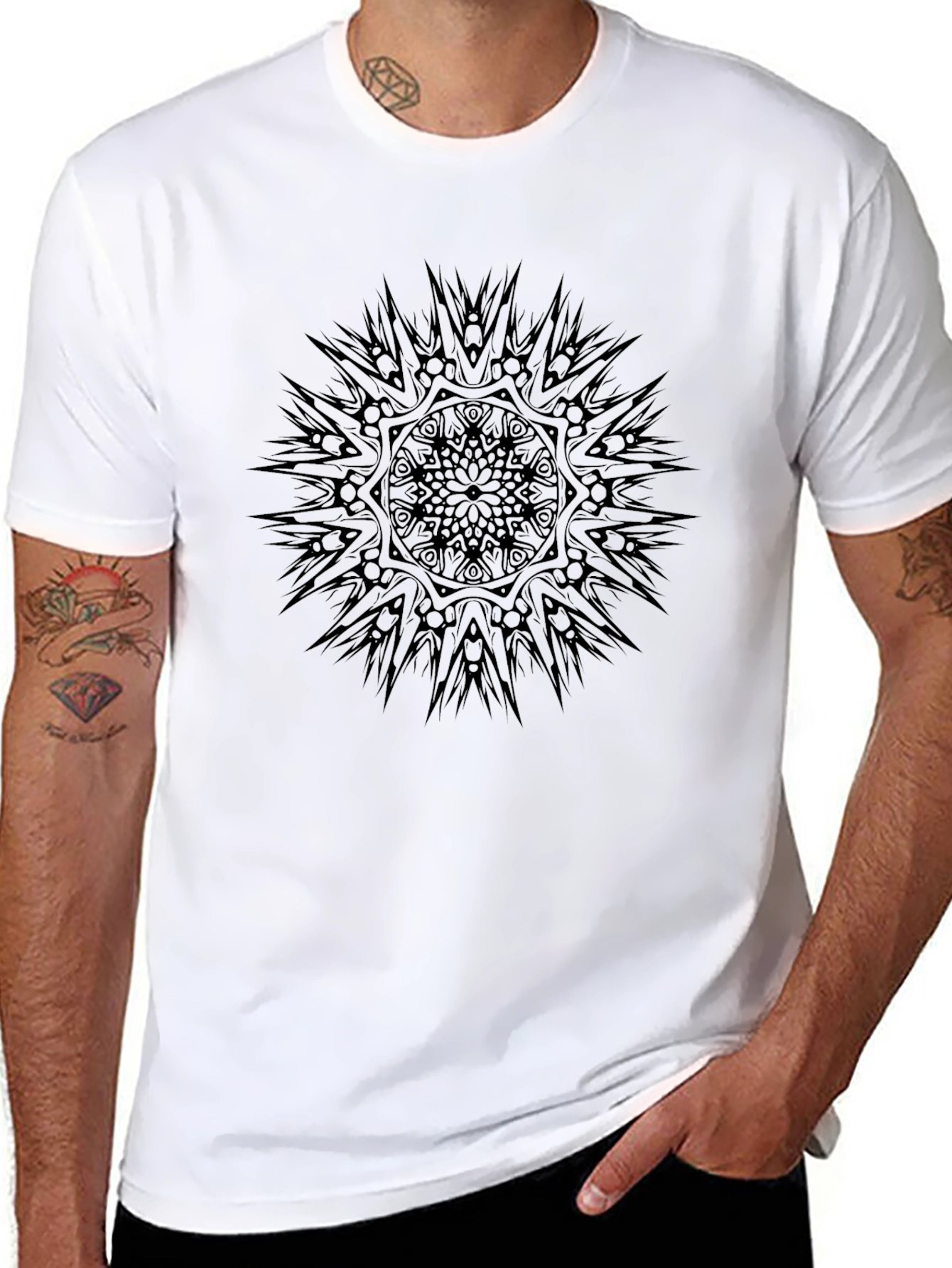 Mens Black Graphic Tee - Abstract Sun Design