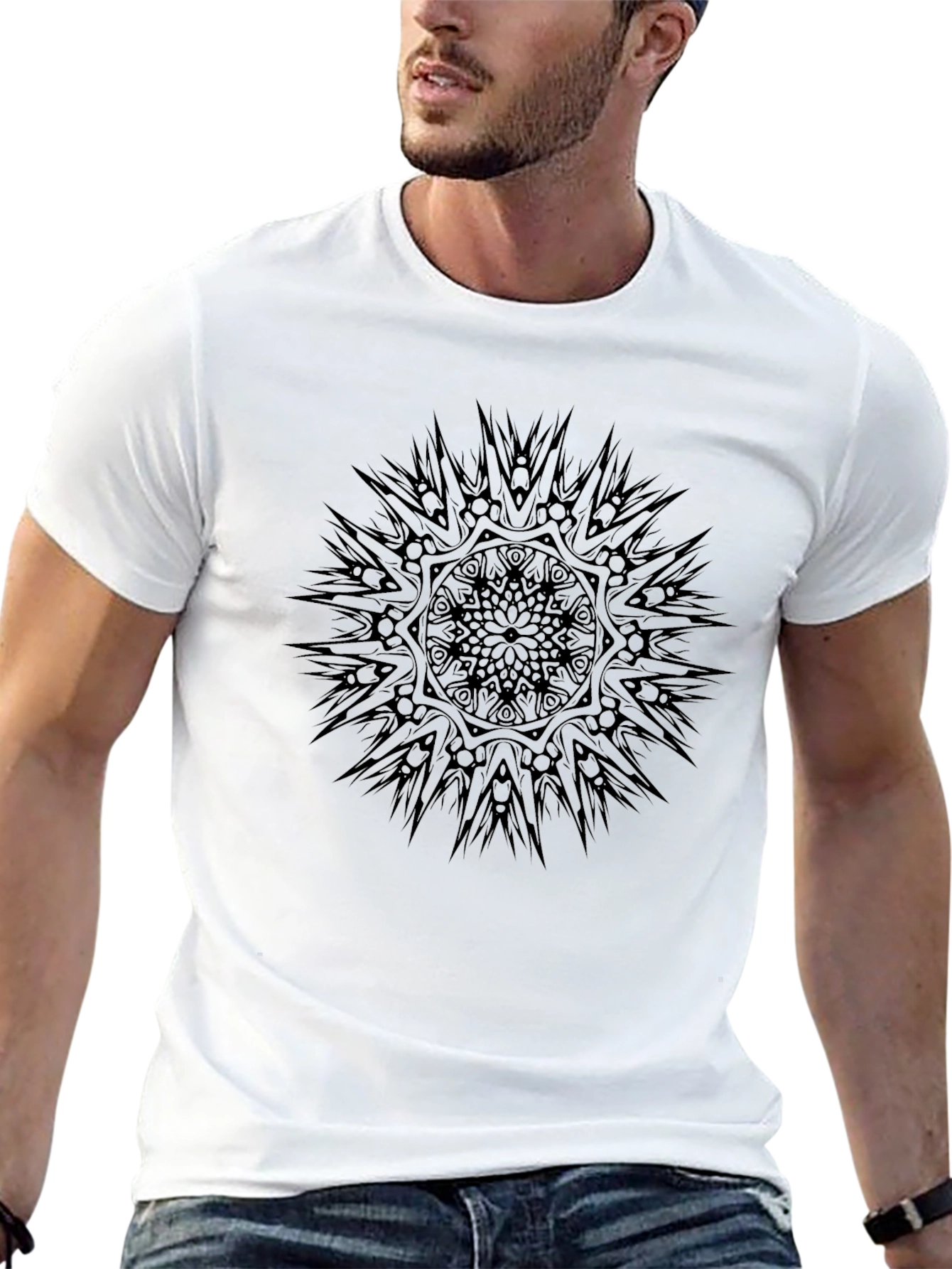 Mens Black Graphic Tee - Abstract Sun Design