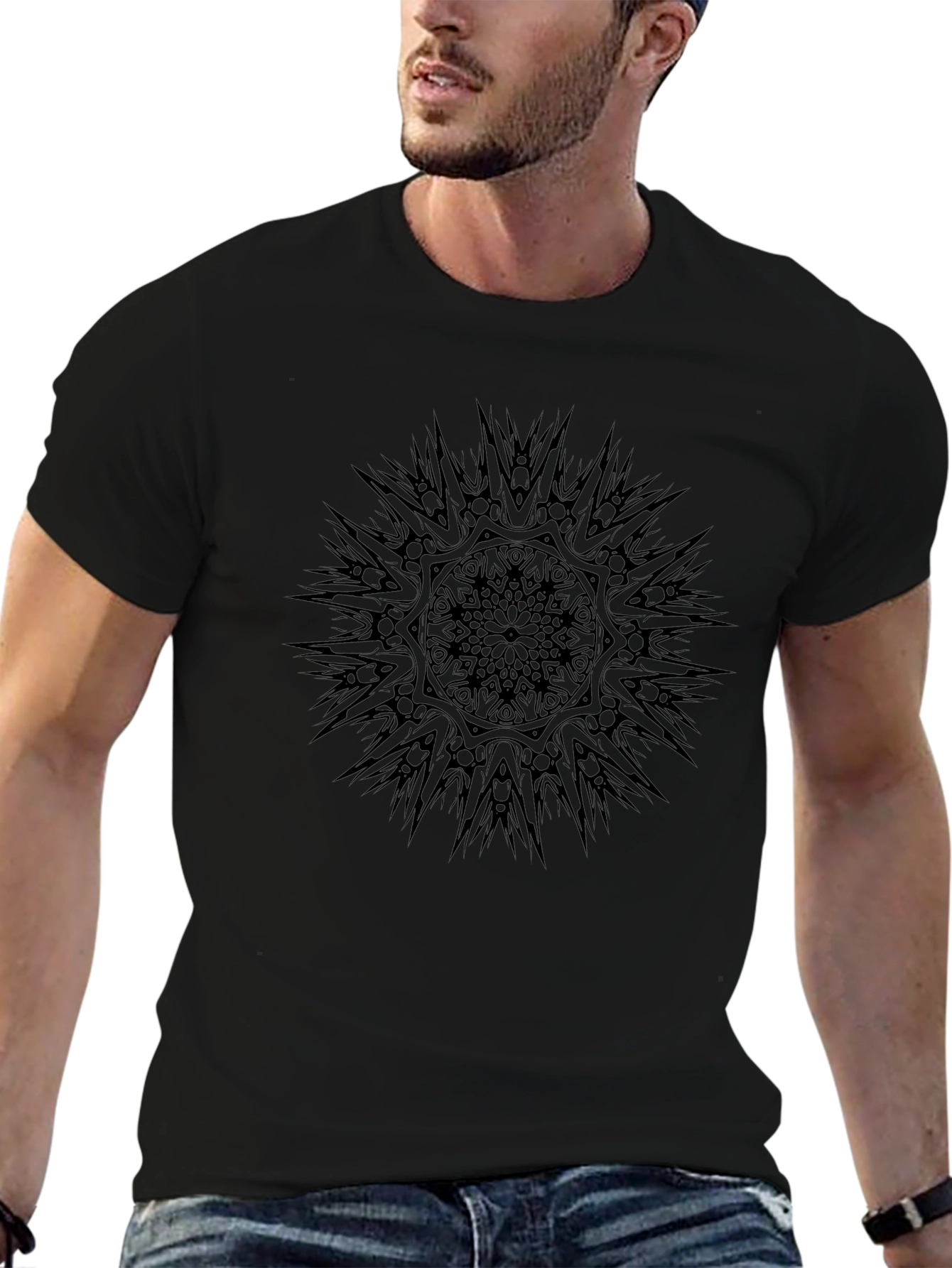 Mens Black Graphic Tee - Abstract Sun Design