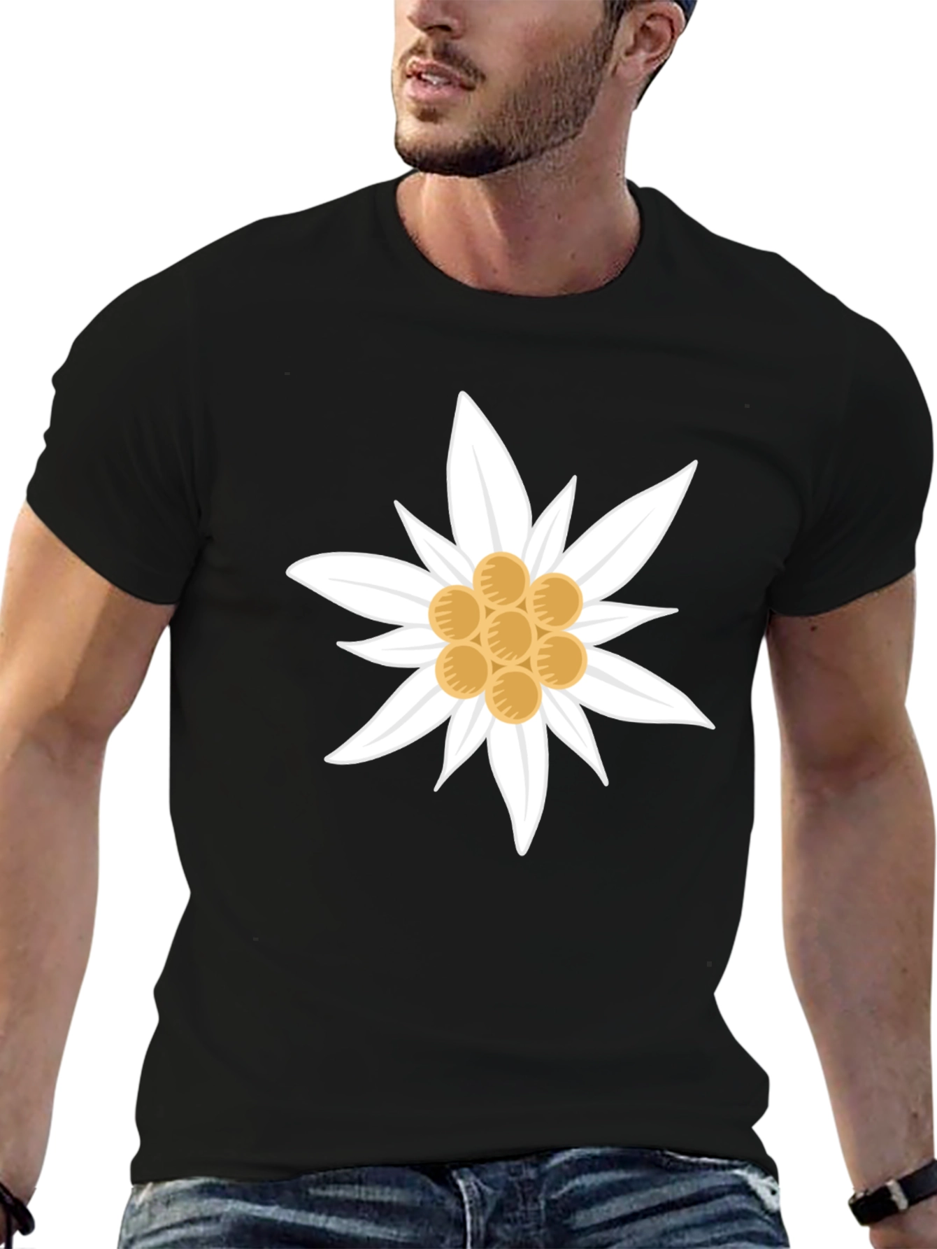 Edelweiss Flower Graphic T-Shirt - Black Cotton Tee