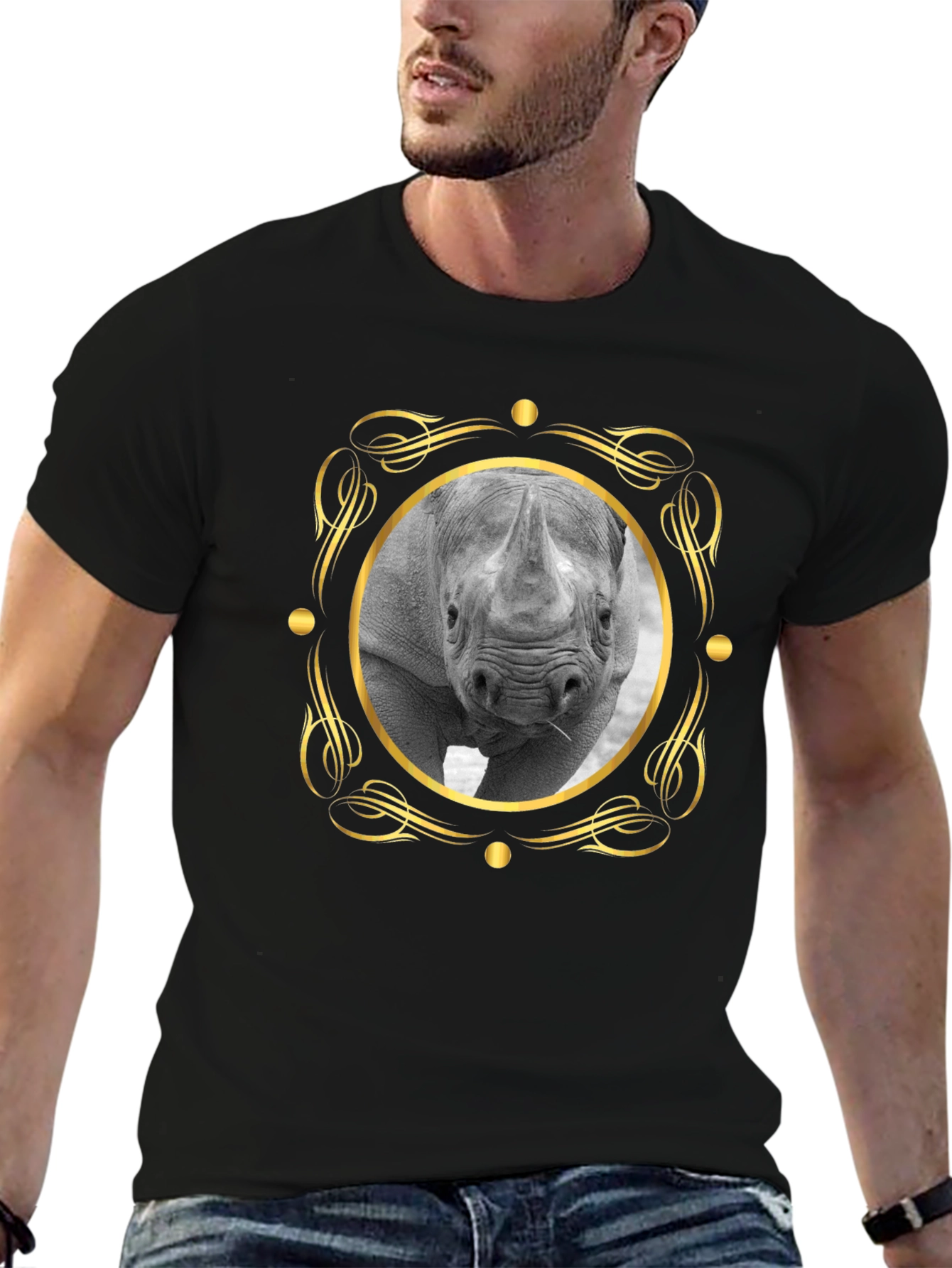 Rhino Portrait Graphic Tee - Black Cotton T-Shirt
