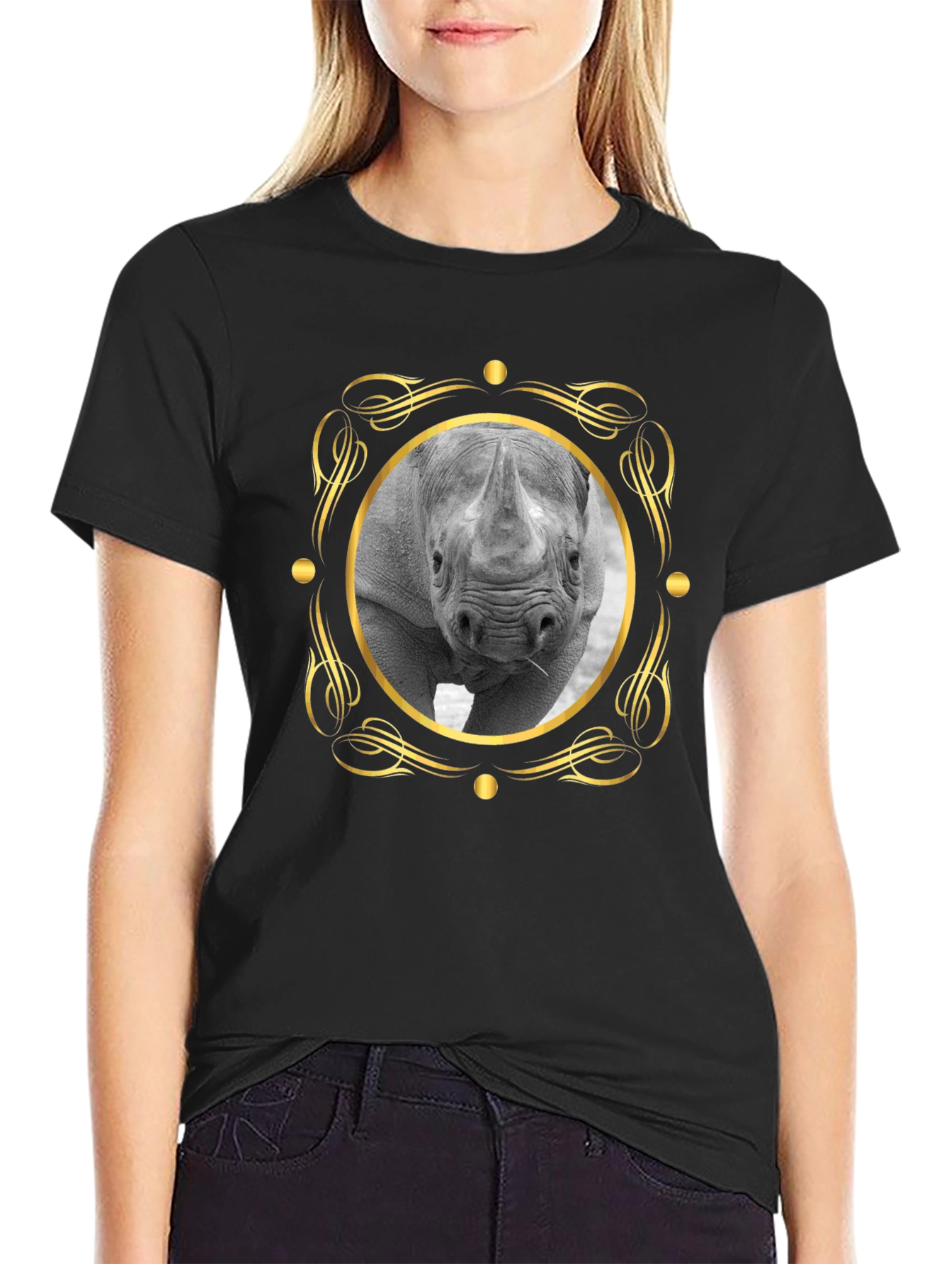Rhino Portrait Graphic Tee - Black Cotton T-Shirt