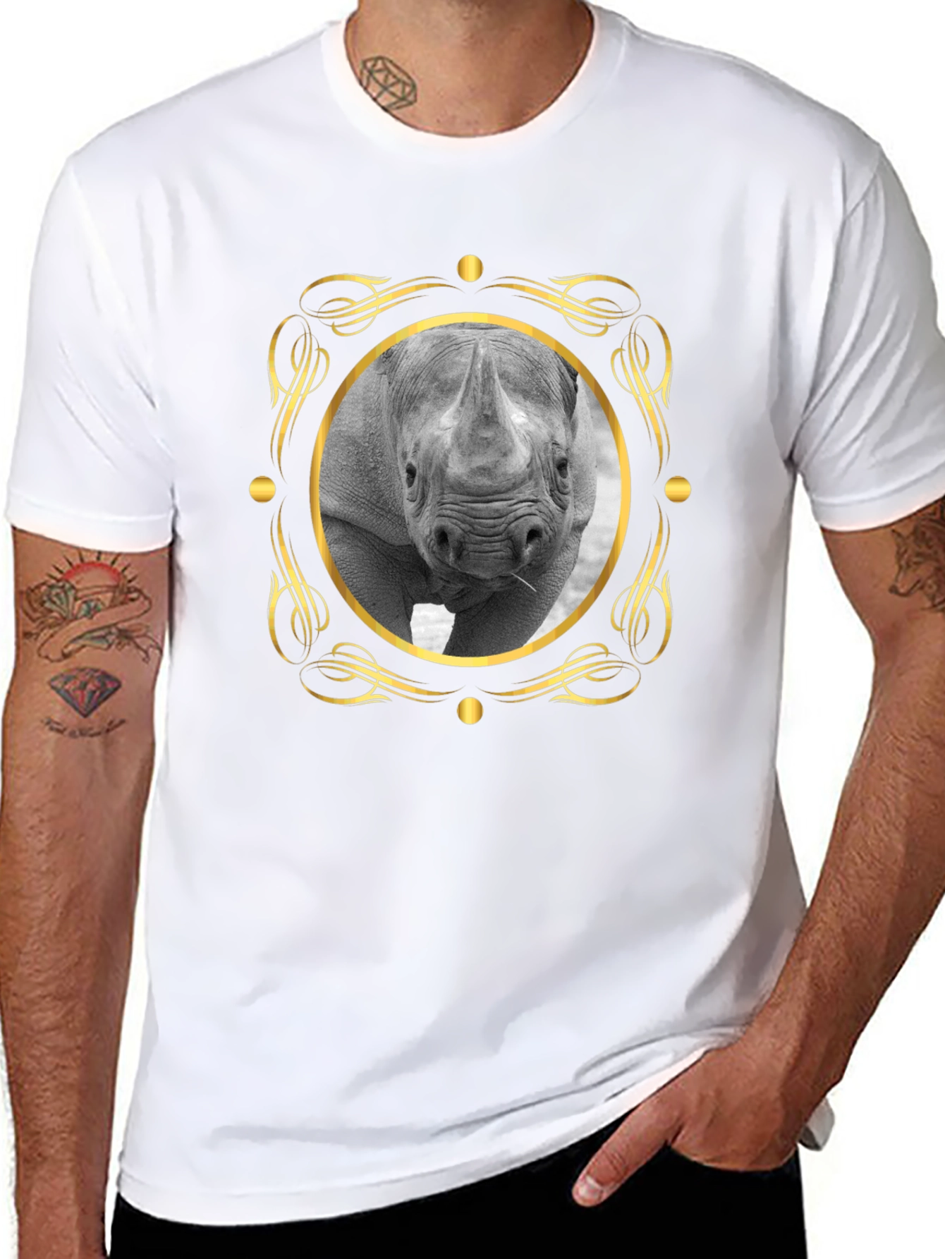 Rhino Portrait Graphic Tee - Black Cotton T-Shirt
