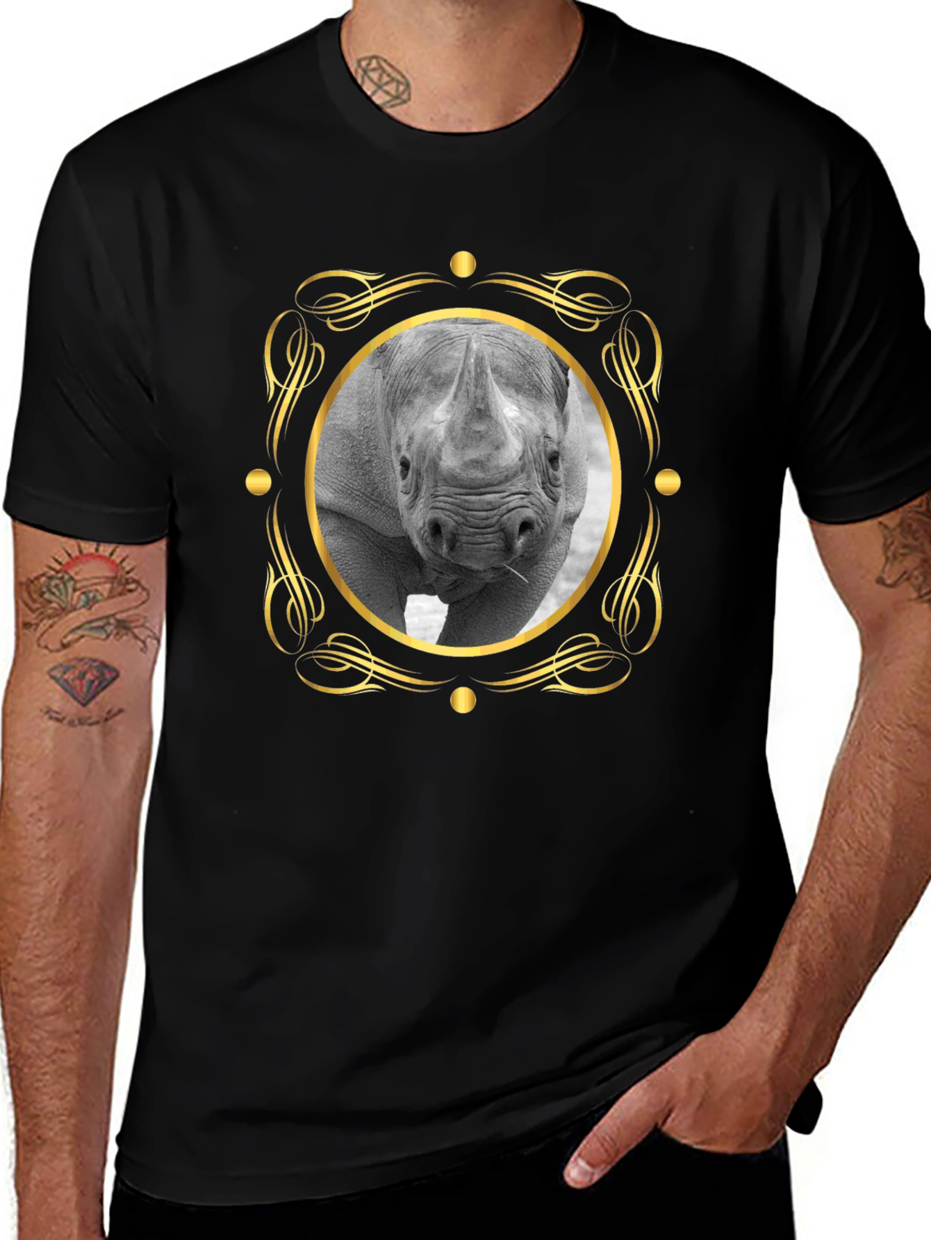 Rhino Portrait Graphic Tee - Black Cotton T-Shirt