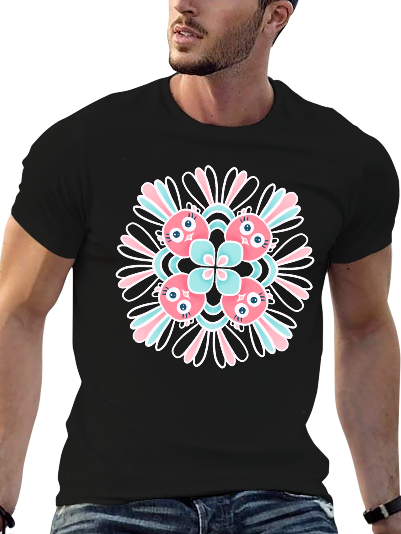 Black Graphic Tee with Floral Alien Design