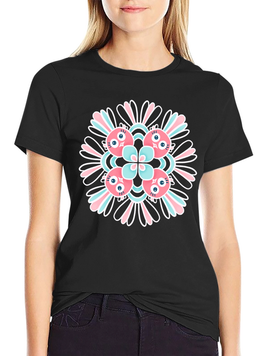 Black Graphic Tee with Floral Alien Design