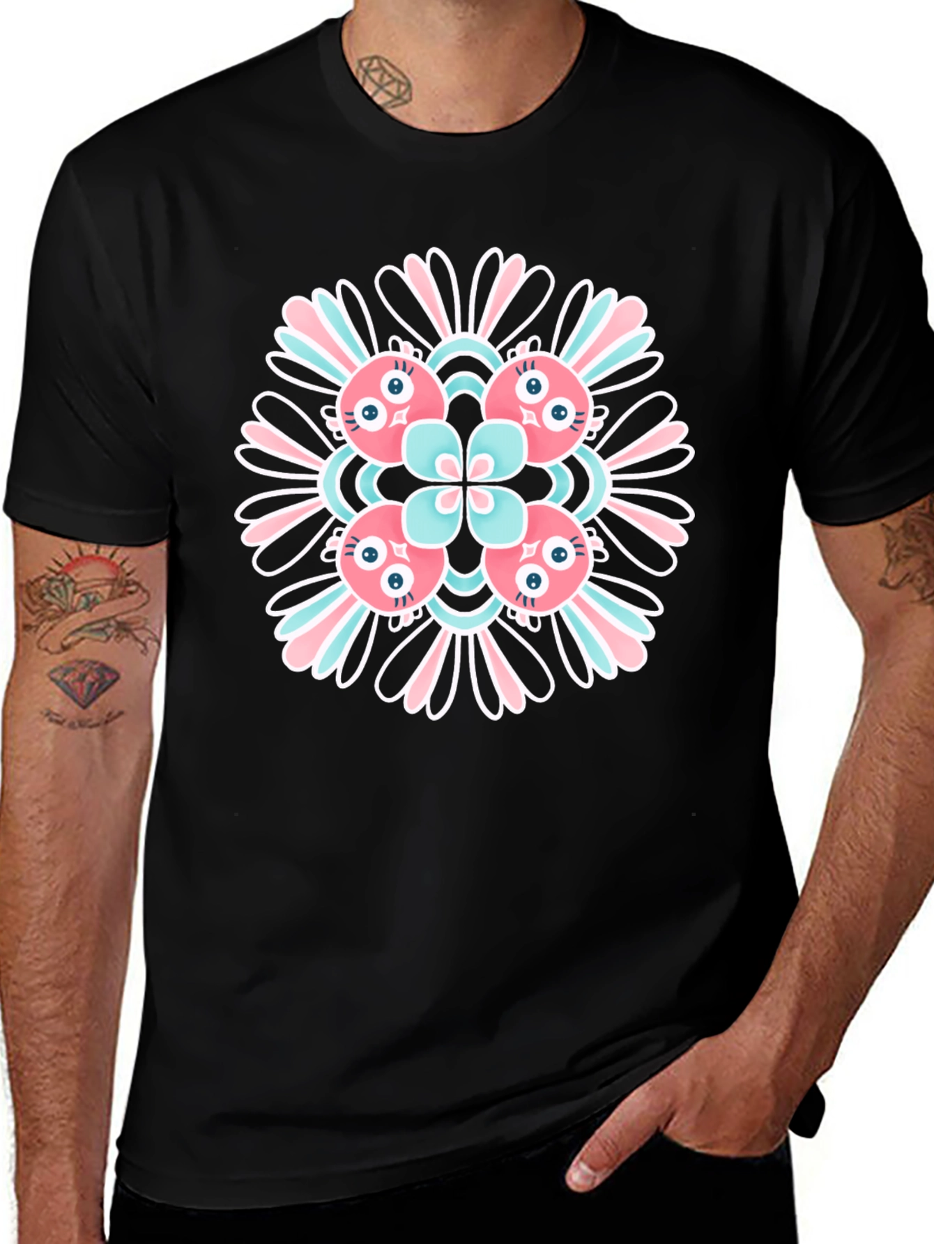 Black Graphic Tee with Floral Alien Design