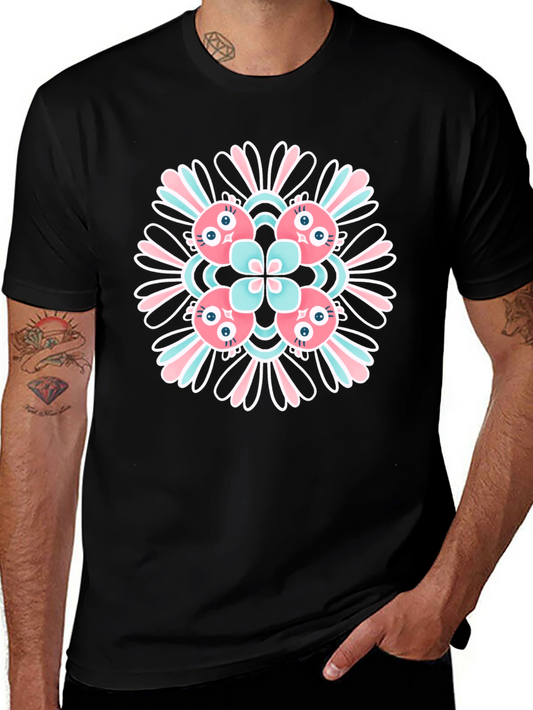 Black Graphic Tee with Floral Alien Design