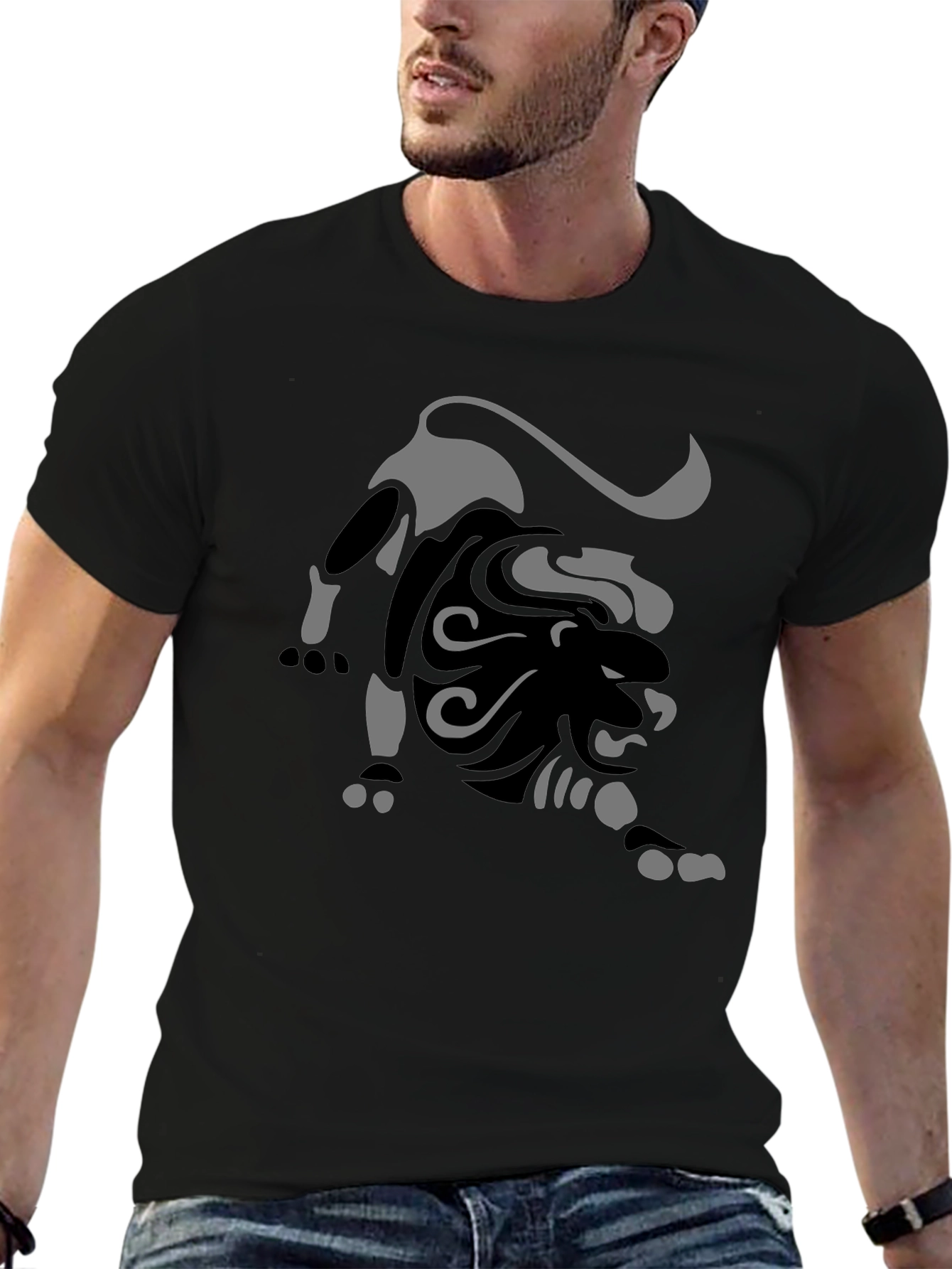 Black T-Shirt with Abstract Lion Graphic