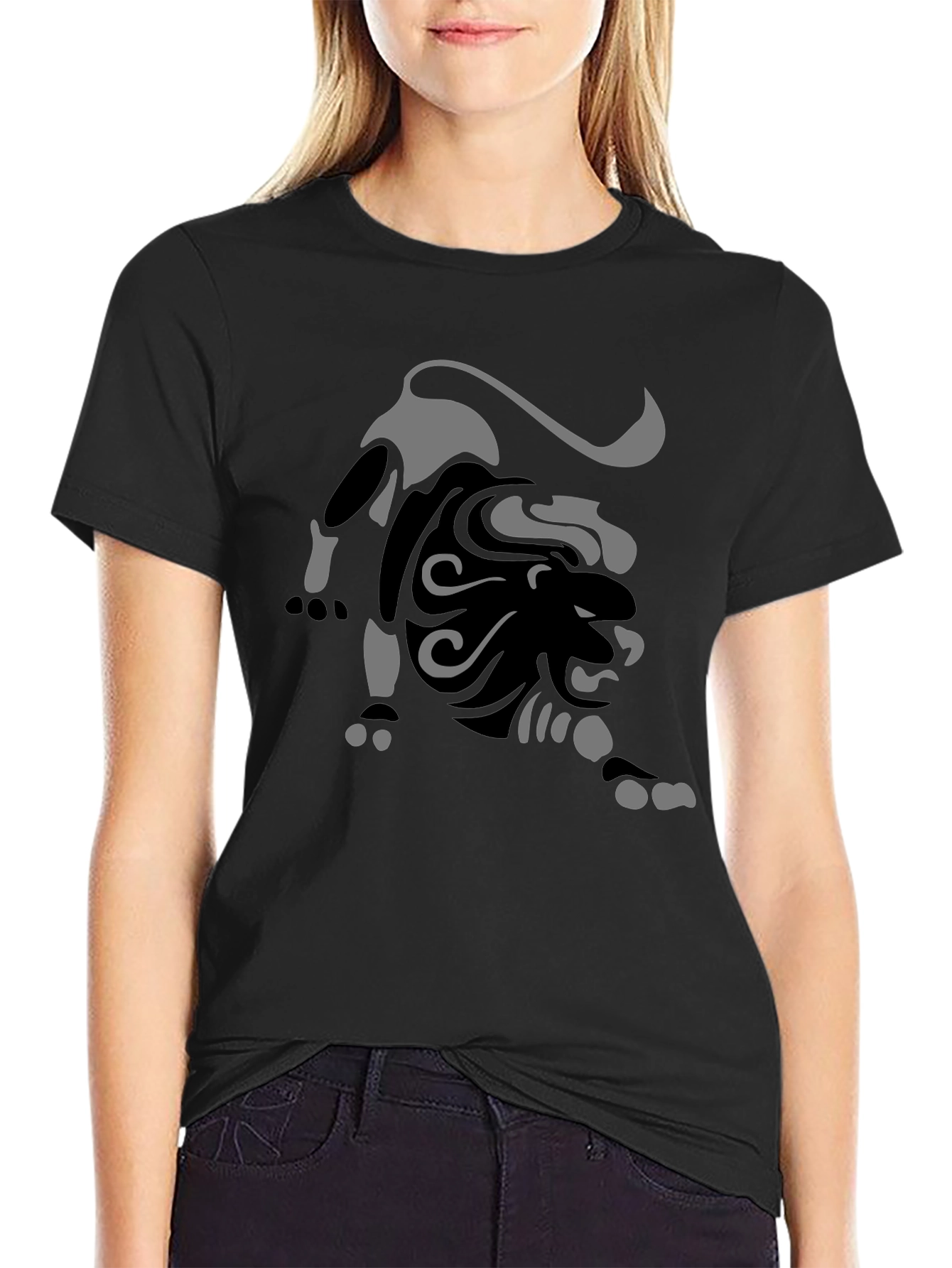Black T-Shirt with Abstract Lion Graphic