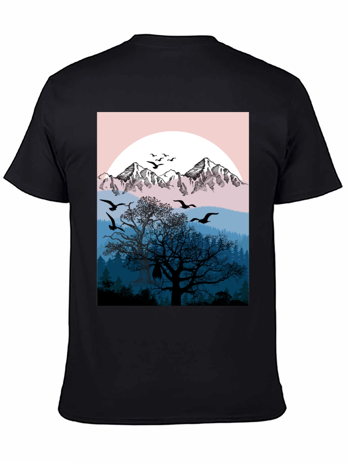 Mountain & Birds Graphic Black T-Shirt