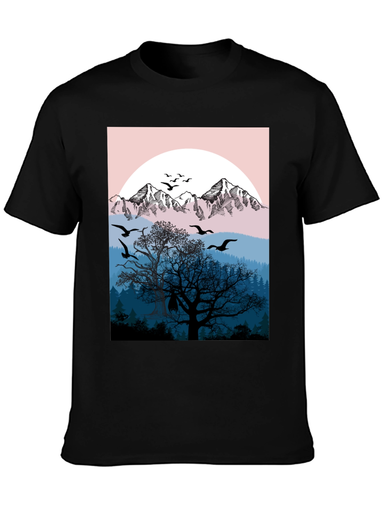 Mountain & Birds Graphic Black T-Shirt