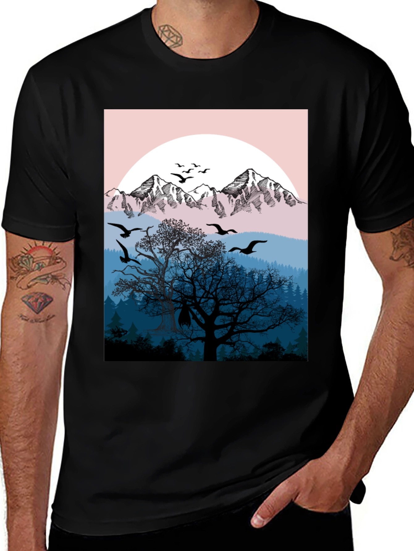 Mountain & Birds Graphic Black T-Shirt