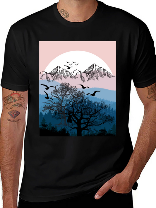 Mountain & Birds Graphic Black T-Shirt
