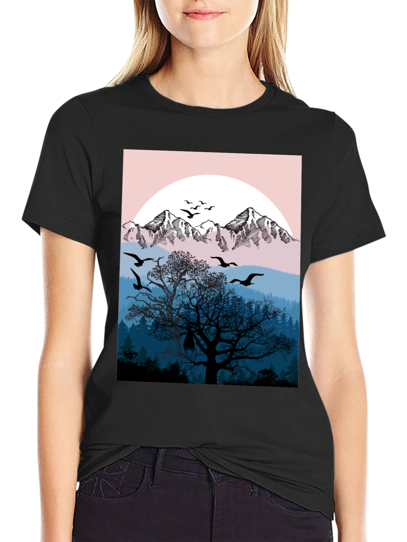 Mountain & Birds Graphic Black T-Shirt