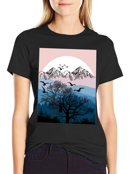 Mountain & Birds Graphic Black T-Shirt