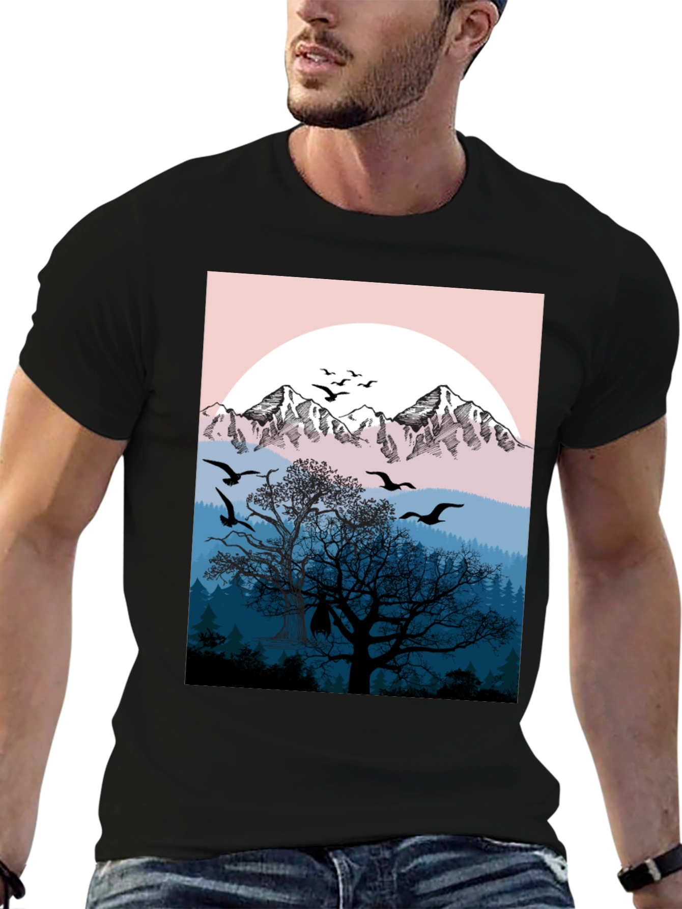 Mountain & Birds Graphic Black T-Shirt