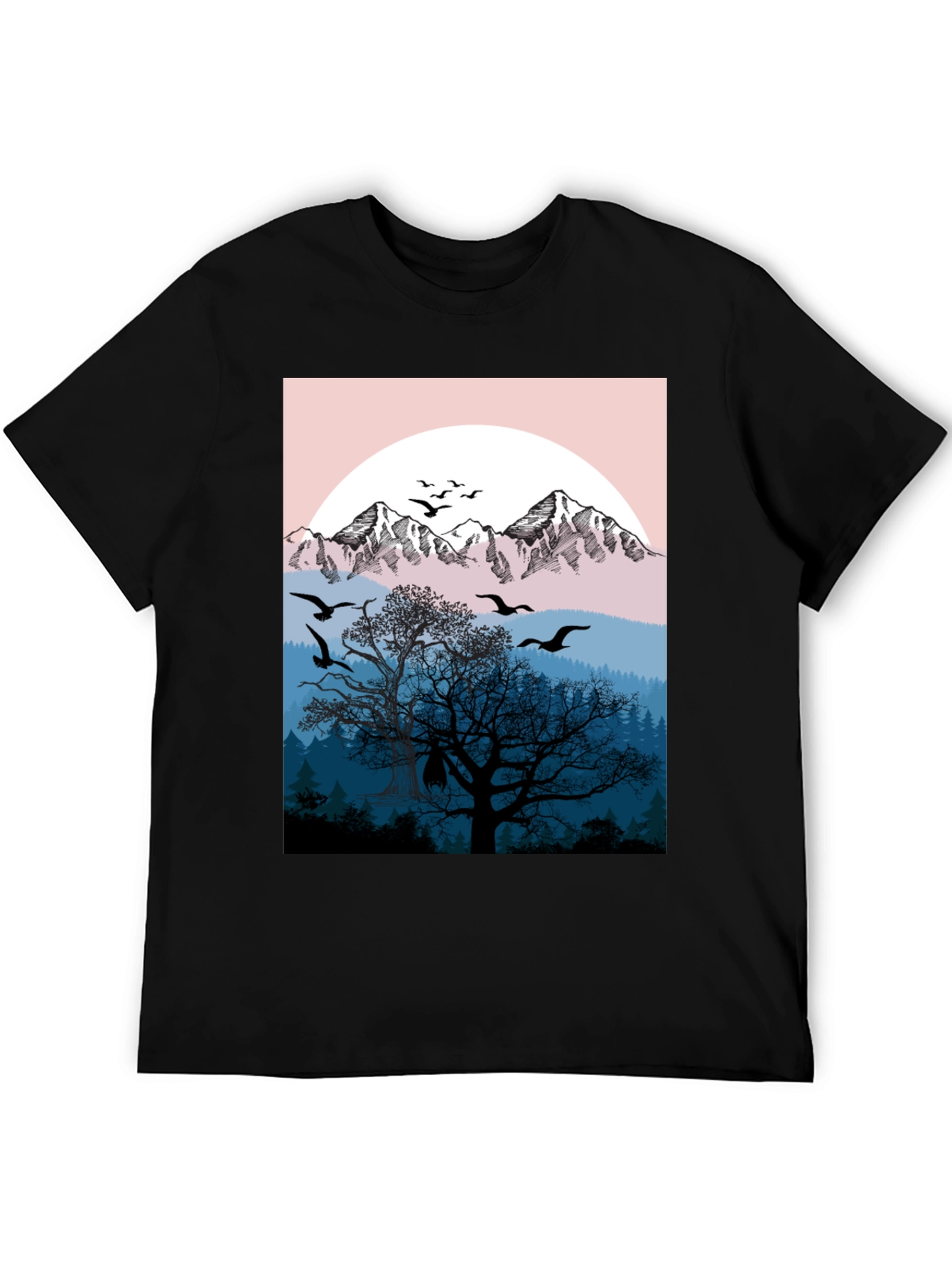 Mountain & Birds Graphic Black T-Shirt