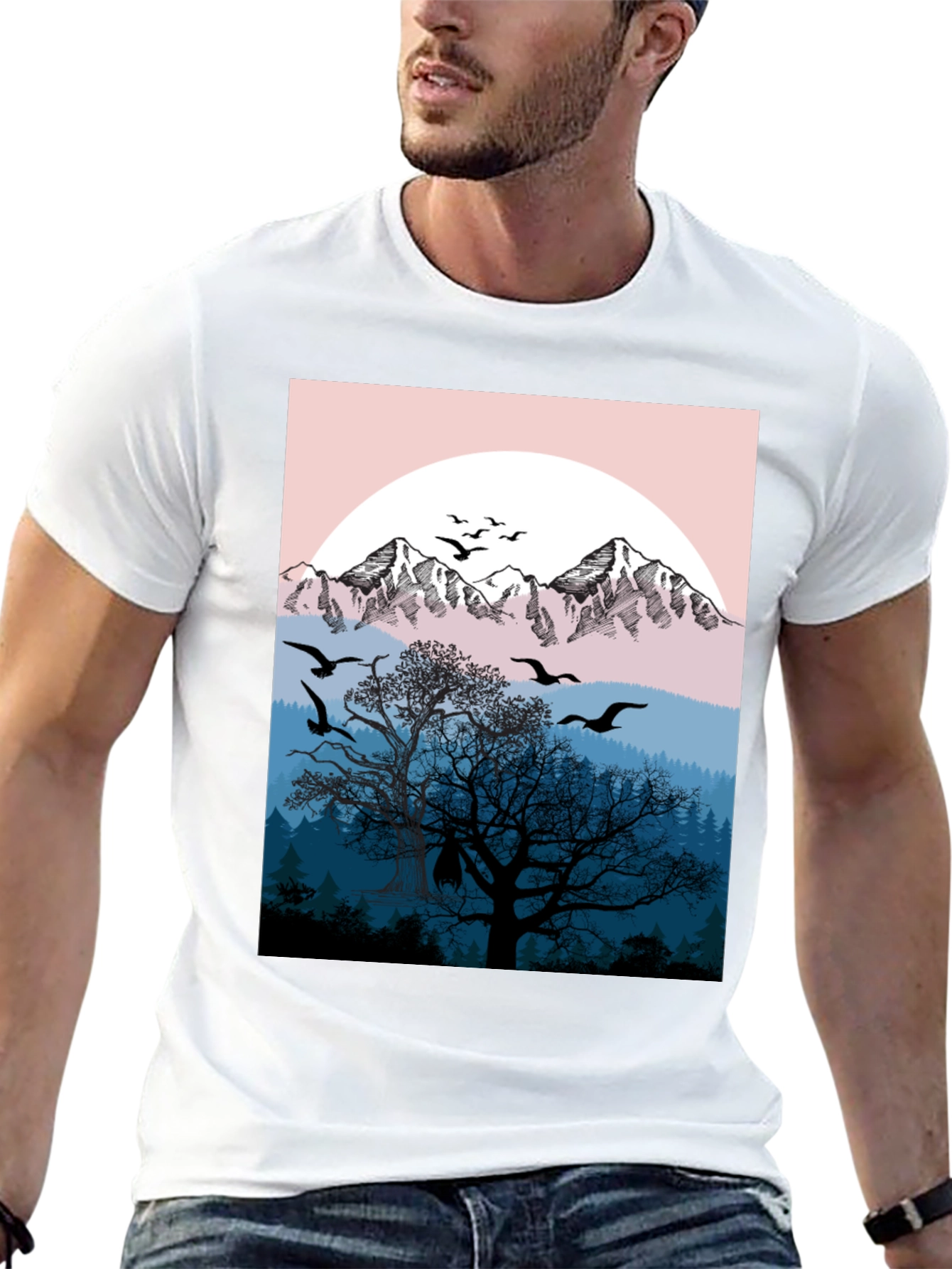 Mountain & Birds Graphic Black T-Shirt