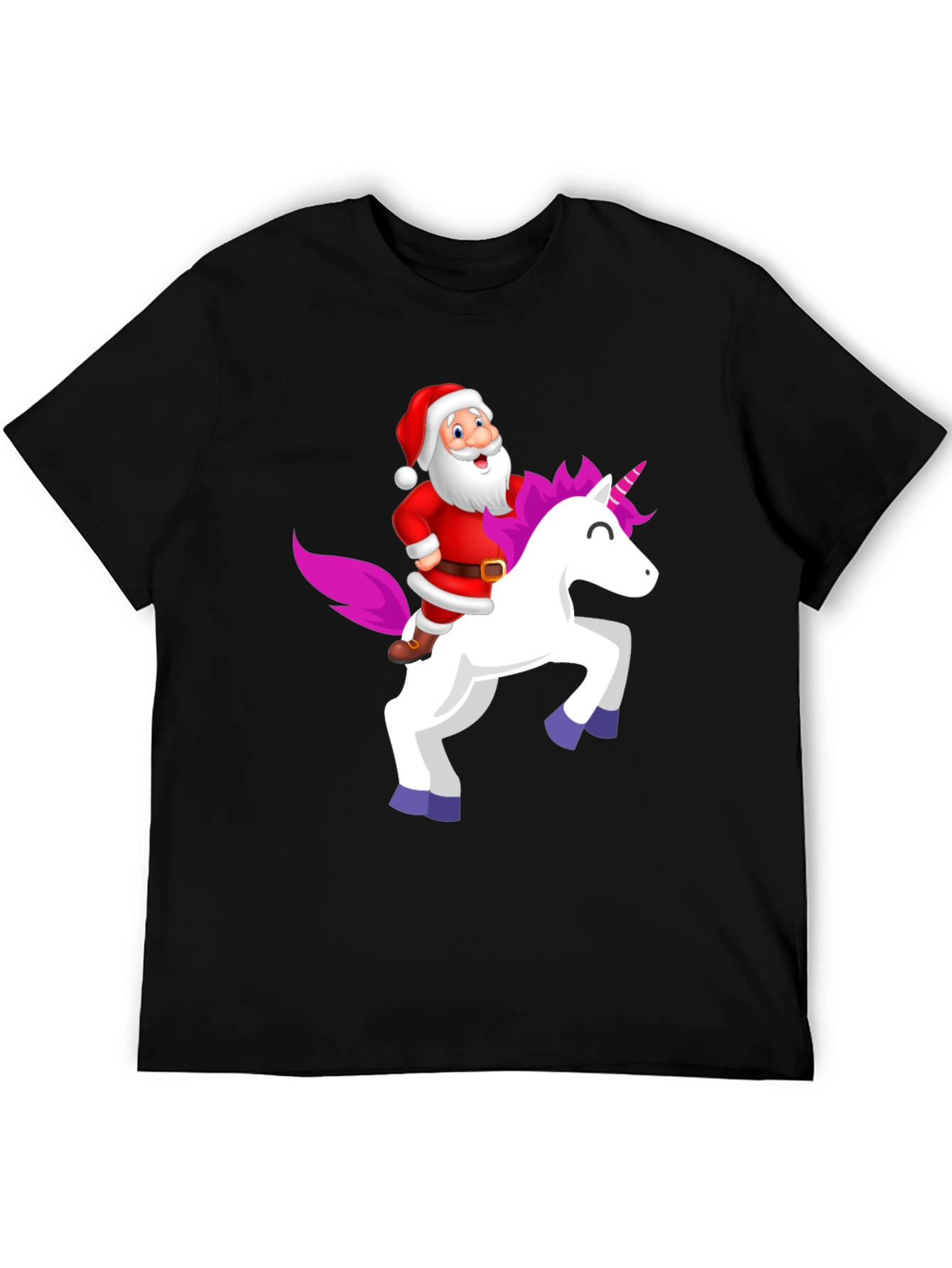 Santa Riding Unicorn Black T-Shirt