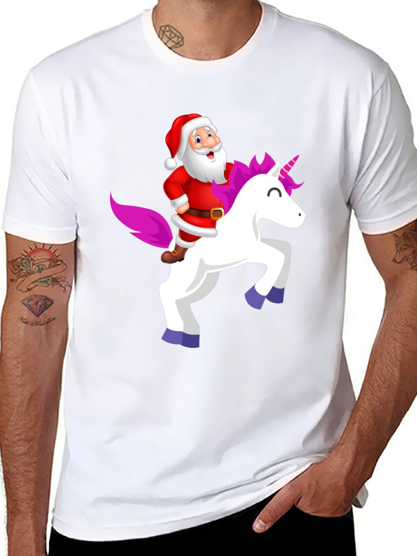 Santa Riding Unicorn Black T-Shirt