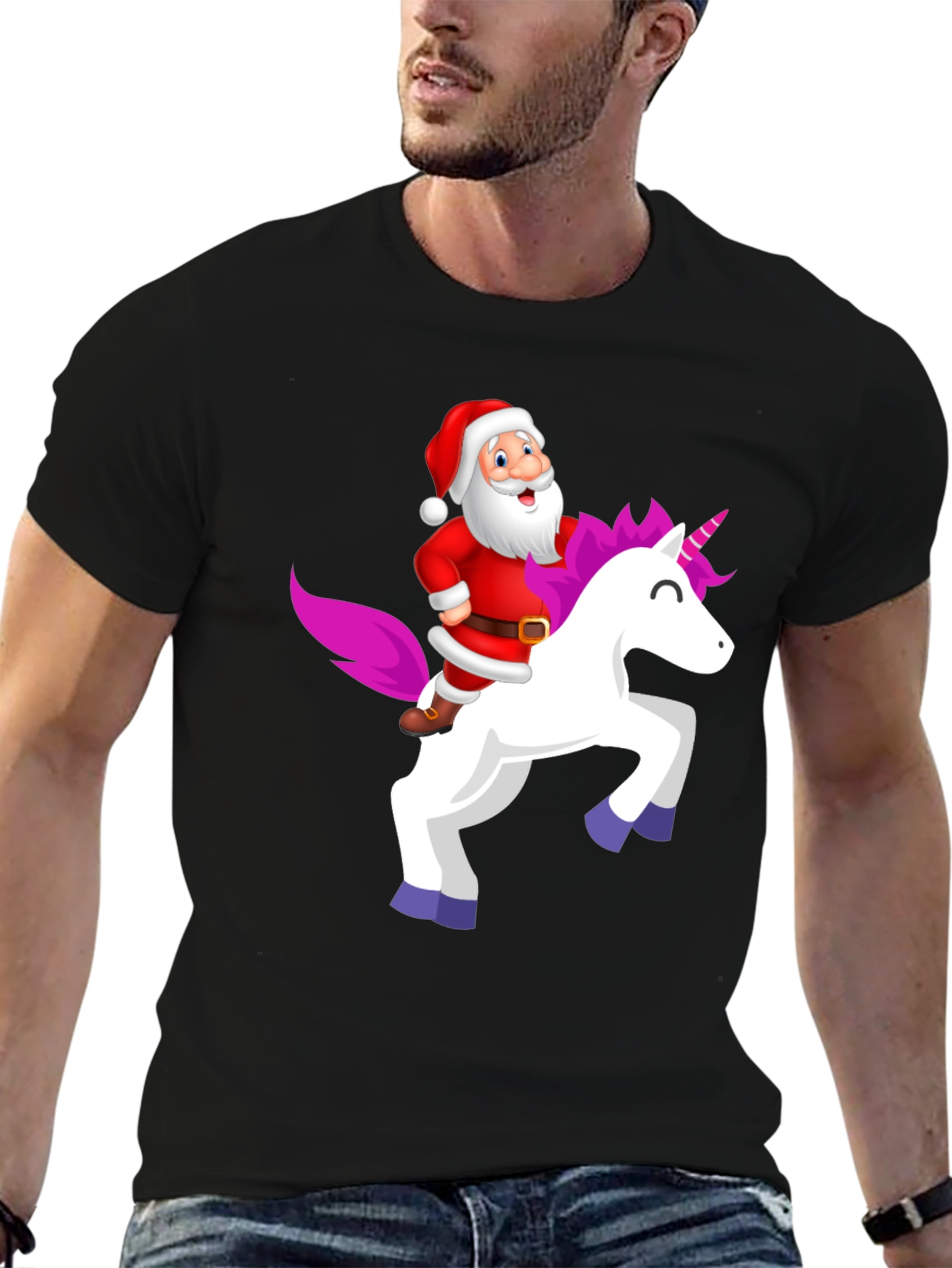 Santa Riding Unicorn Black T-Shirt