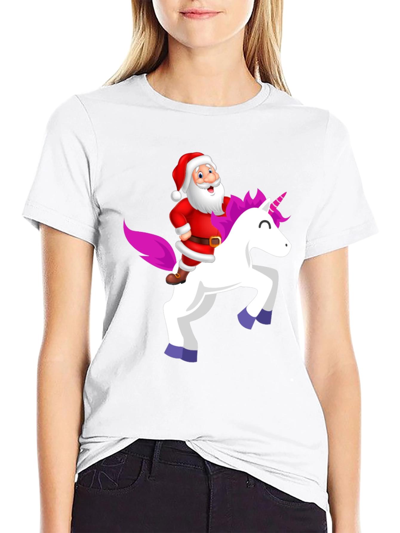 Santa Riding Unicorn Black T-Shirt