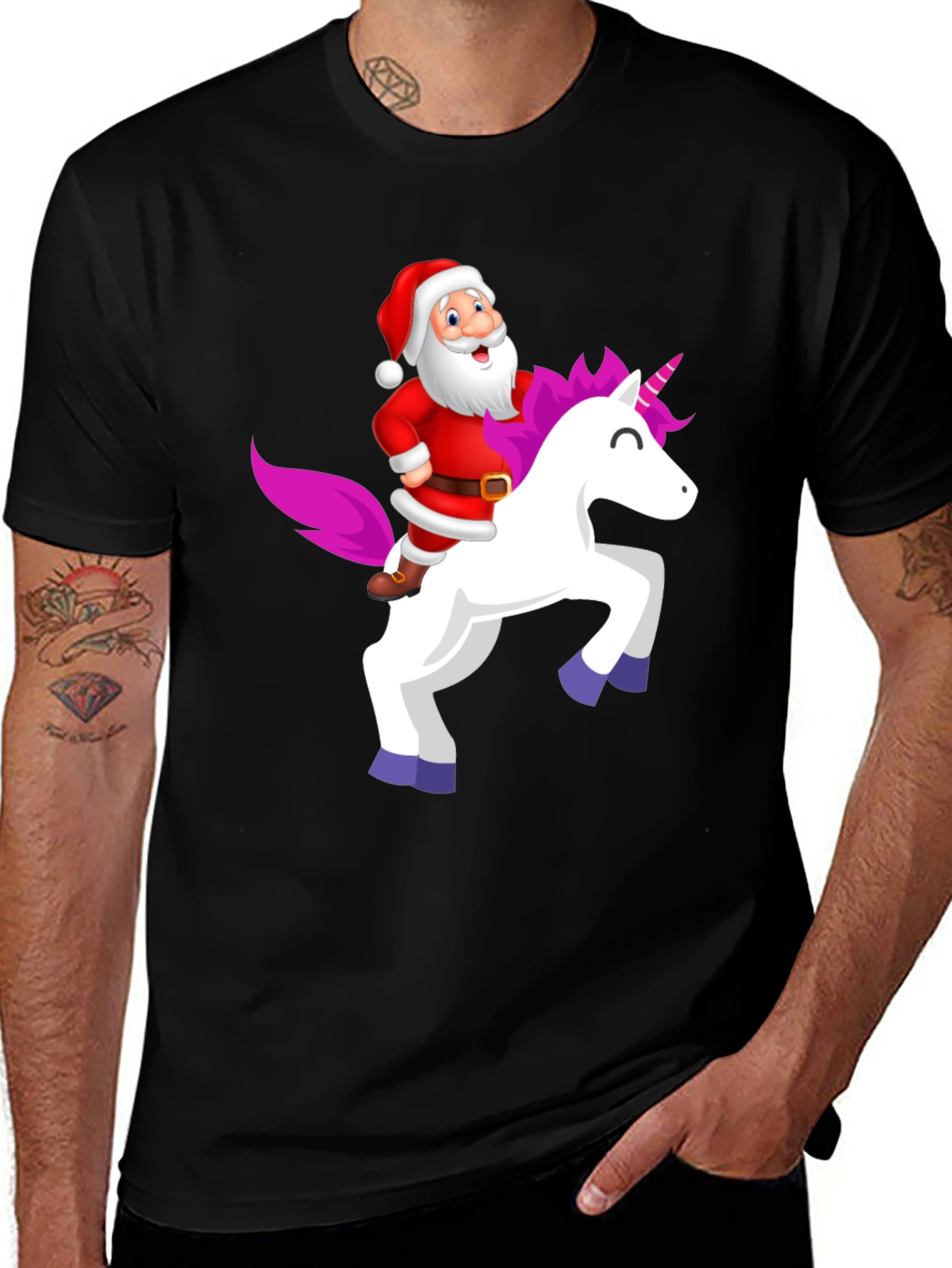 Santa Riding Unicorn Black T-Shirt