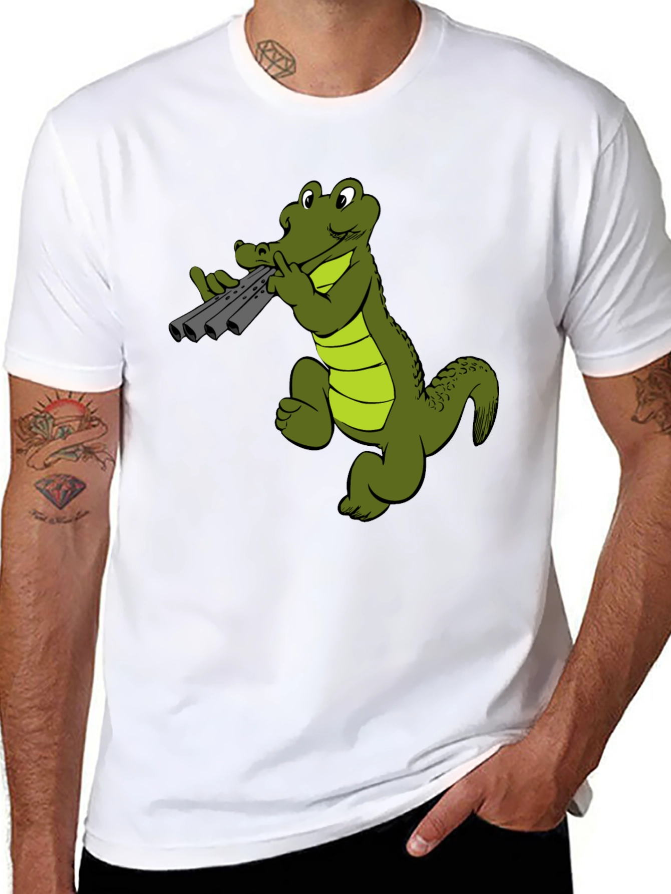 Cool Alligator Panpipes Graphic Tee - Black Cotton