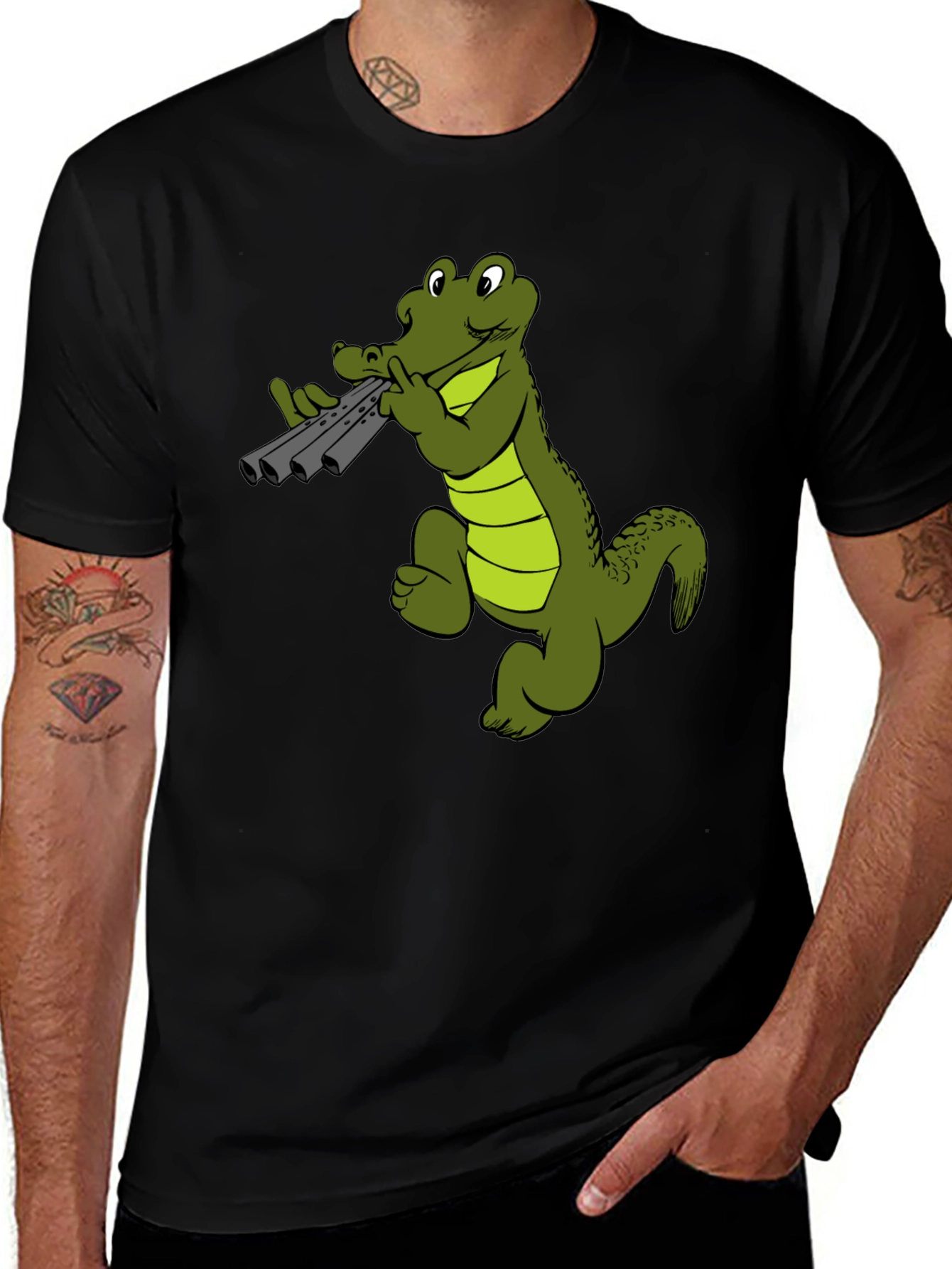 Cool Alligator Panpipes Graphic Tee - Black Cotton