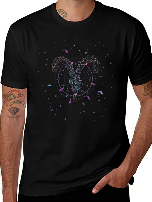 Cosmic Zodiac Aries Ram Graphic T-Shirt - Black