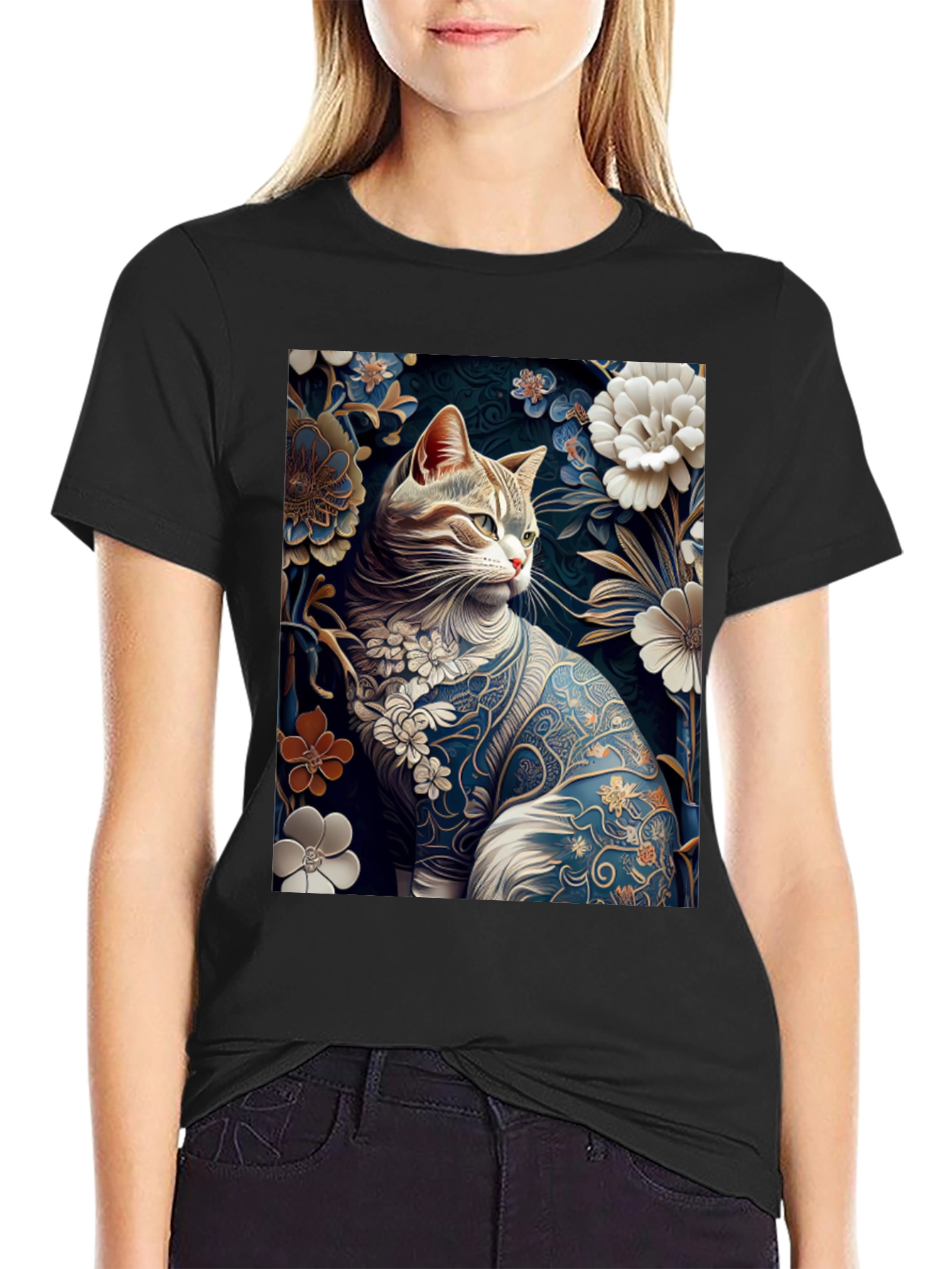 Floral Cat T-Shirt: Unique Artistic Design