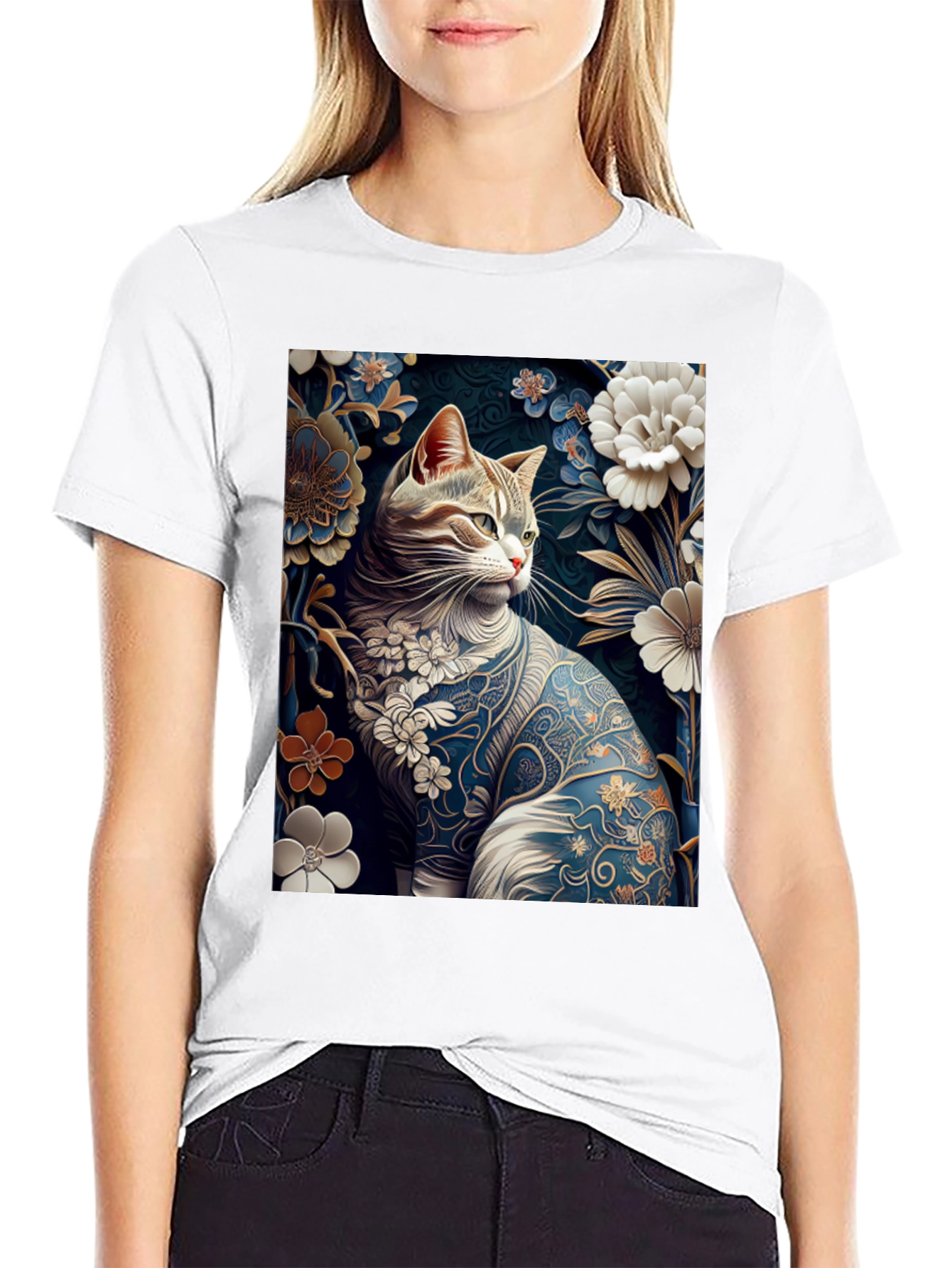 Floral Cat T-Shirt: Unique Artistic Design