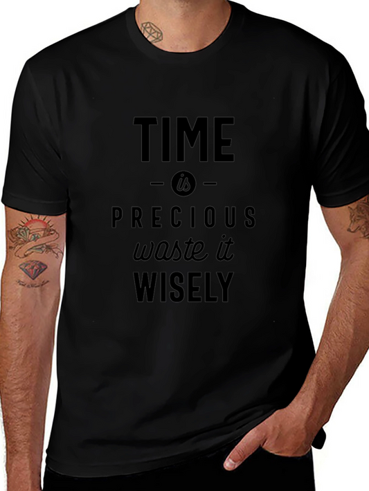 Time is Precious Slogan Black Graphic T-Shirt