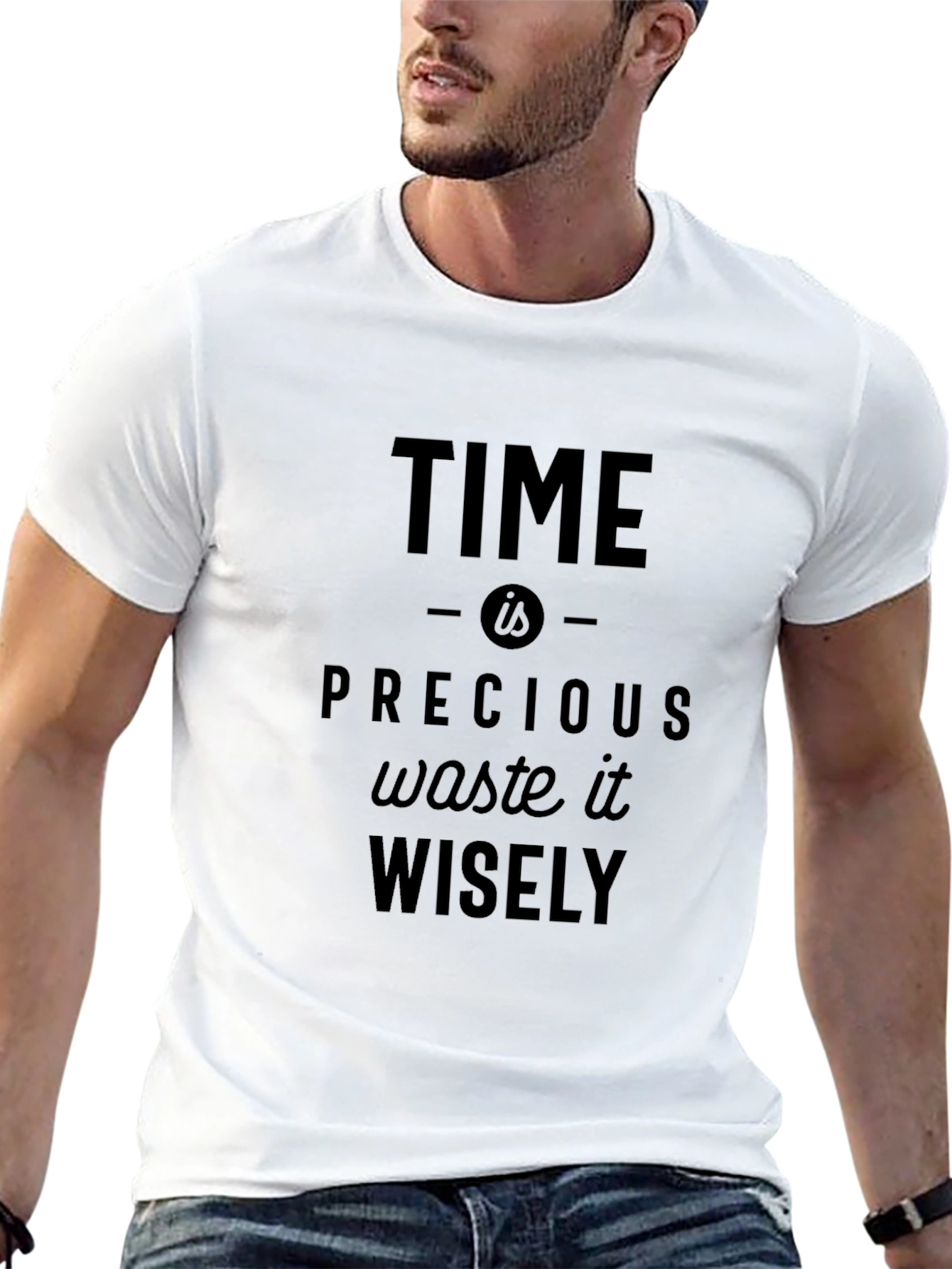 Time is Precious Slogan Black Graphic T-Shirt