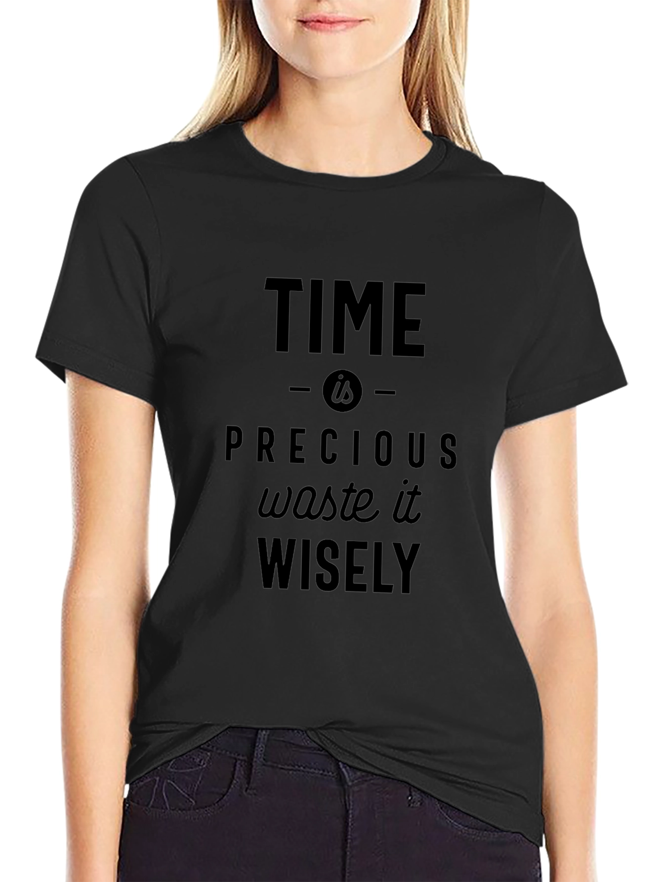 Time is Precious Slogan Black Graphic T-Shirt