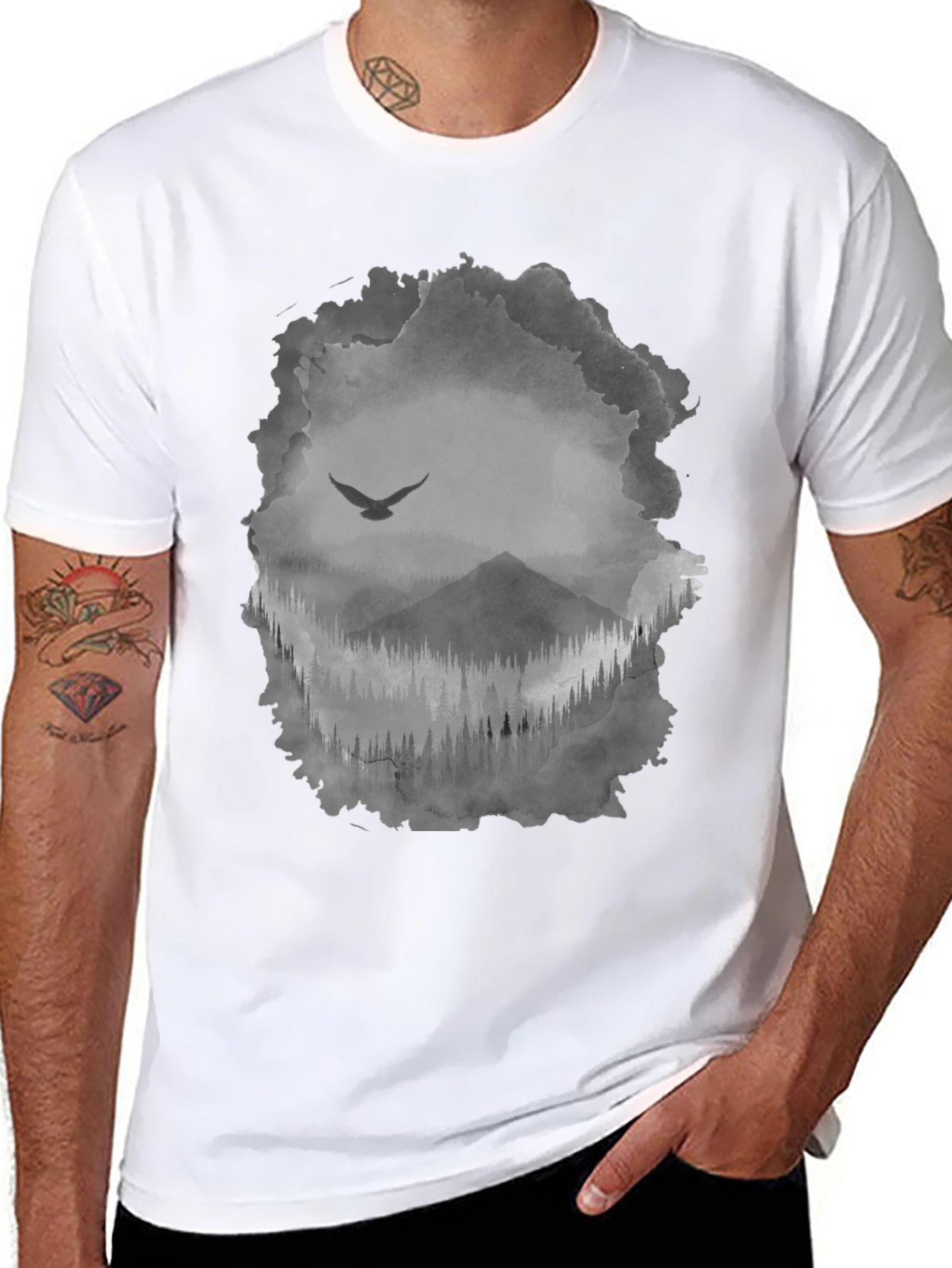 Mens Black T-Shirt with Mountain & Bird Graphic