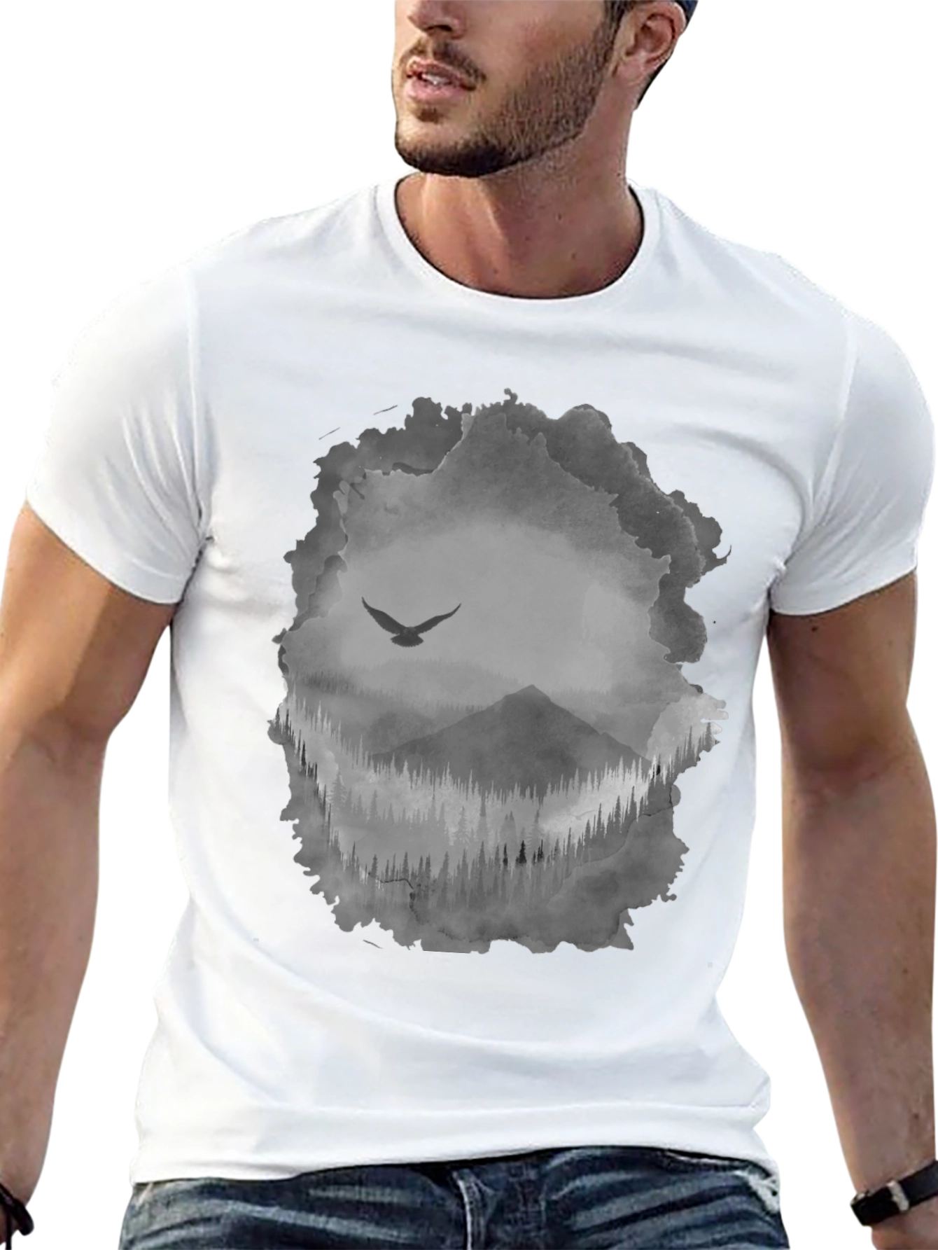 Mens Black T-Shirt with Mountain & Bird Graphic